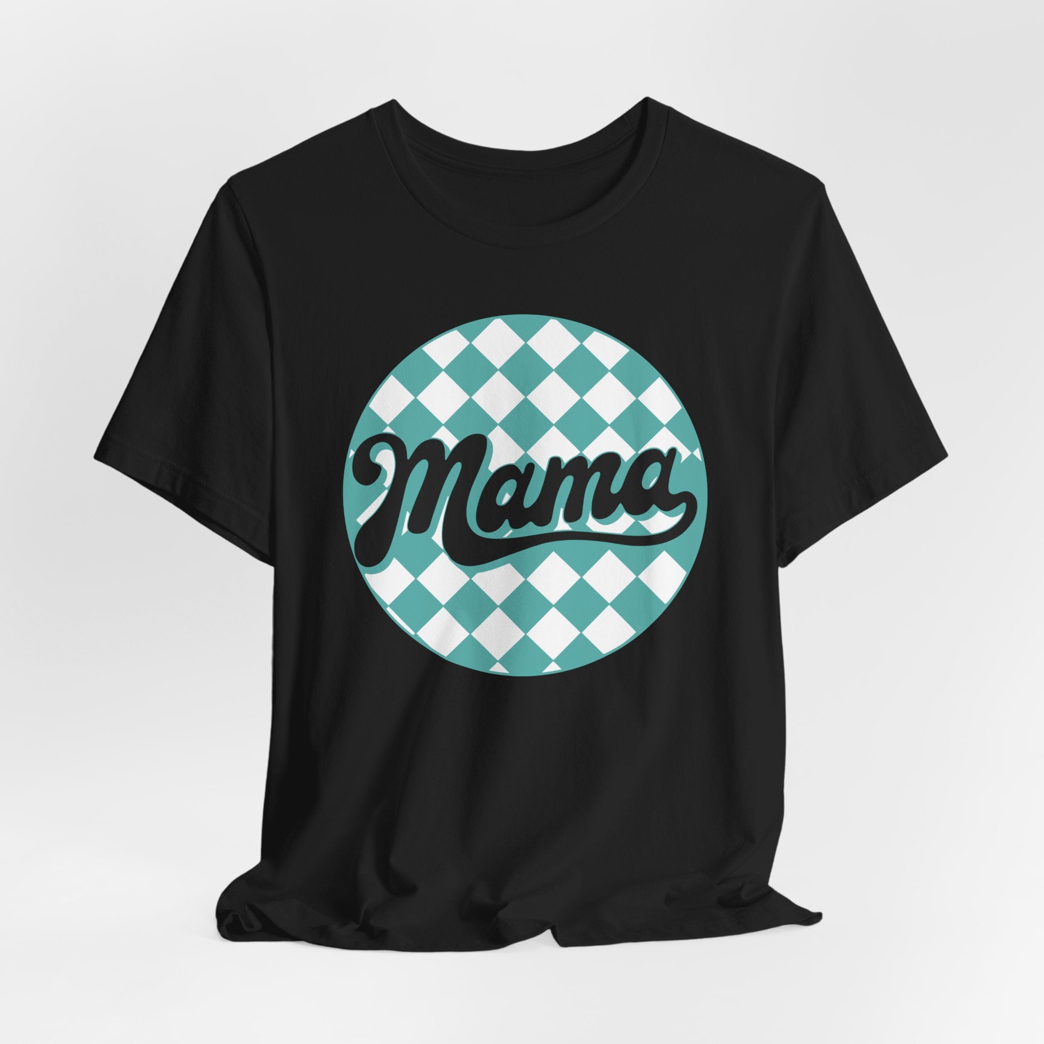 Mama Retro Checkerboard Tee — Vintage Script Mom T-Shirt