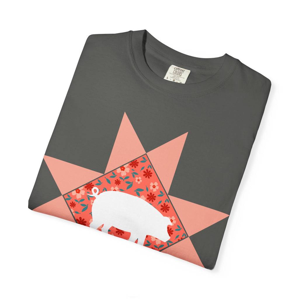 Pig Silhouette Star Quilting T-Shirt — Floral Farm Animal Tee