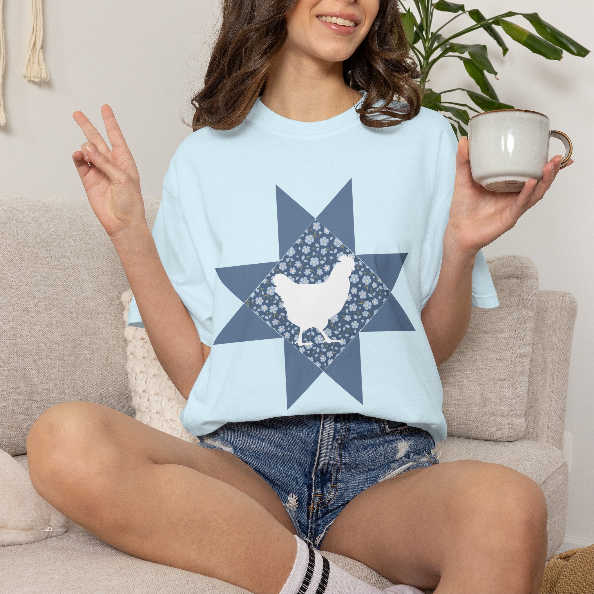 Chicken Quilt Star T‑Shirt — Farmhouse Hen Graphic Tee