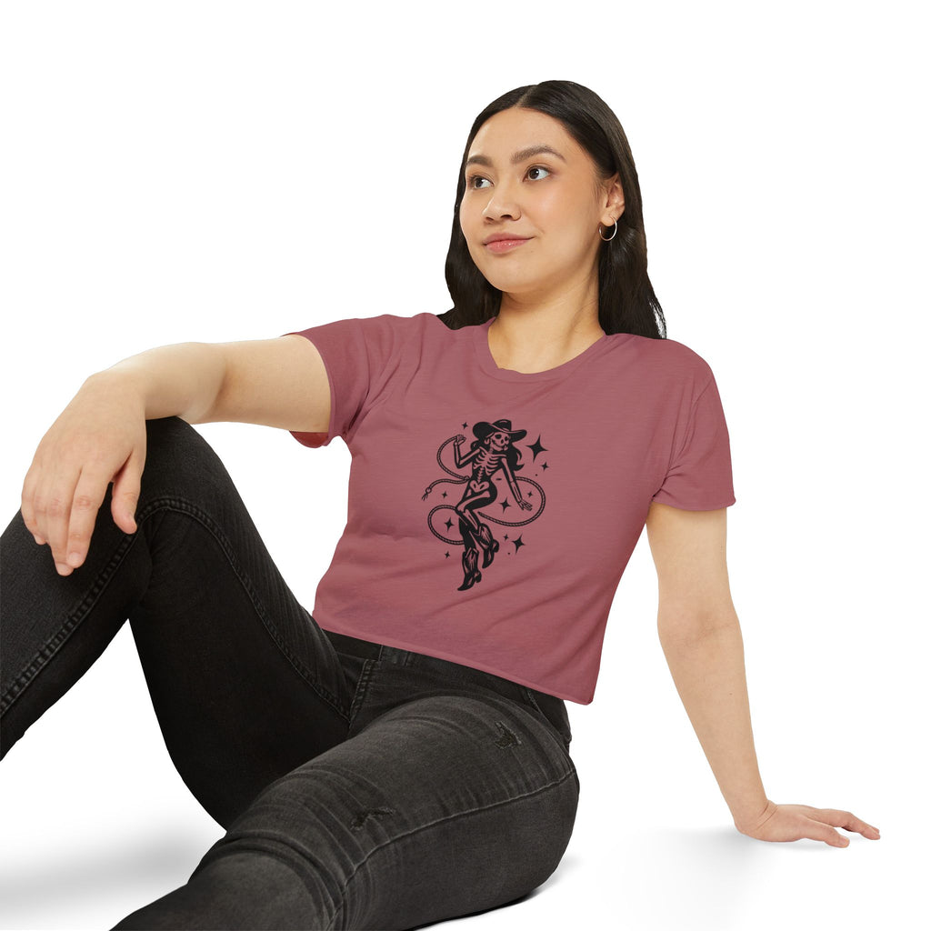 Skeleton Cowgirl Crop Top — Retro Western Festival Tee