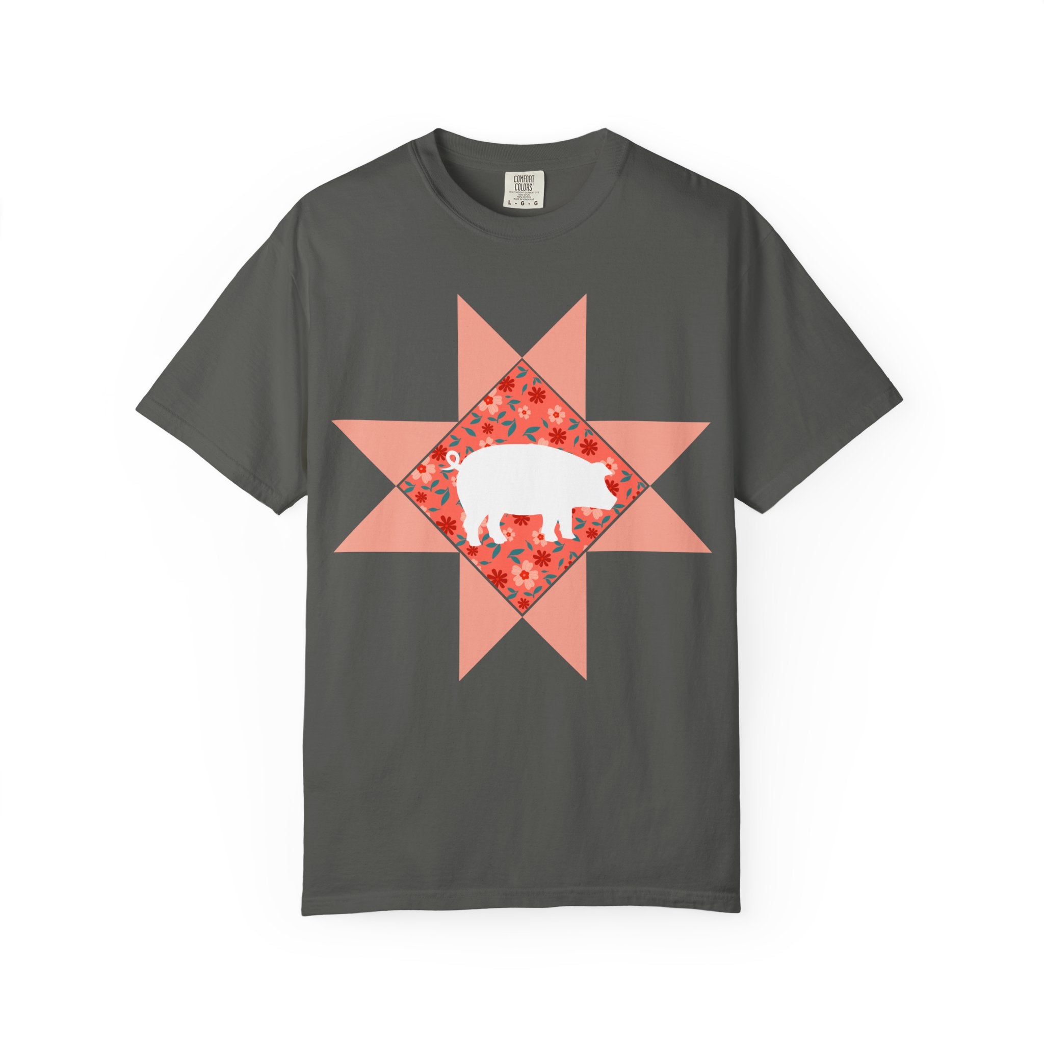 Pig Silhouette Star Quilting T-Shirt — Floral Farm Animal Tee