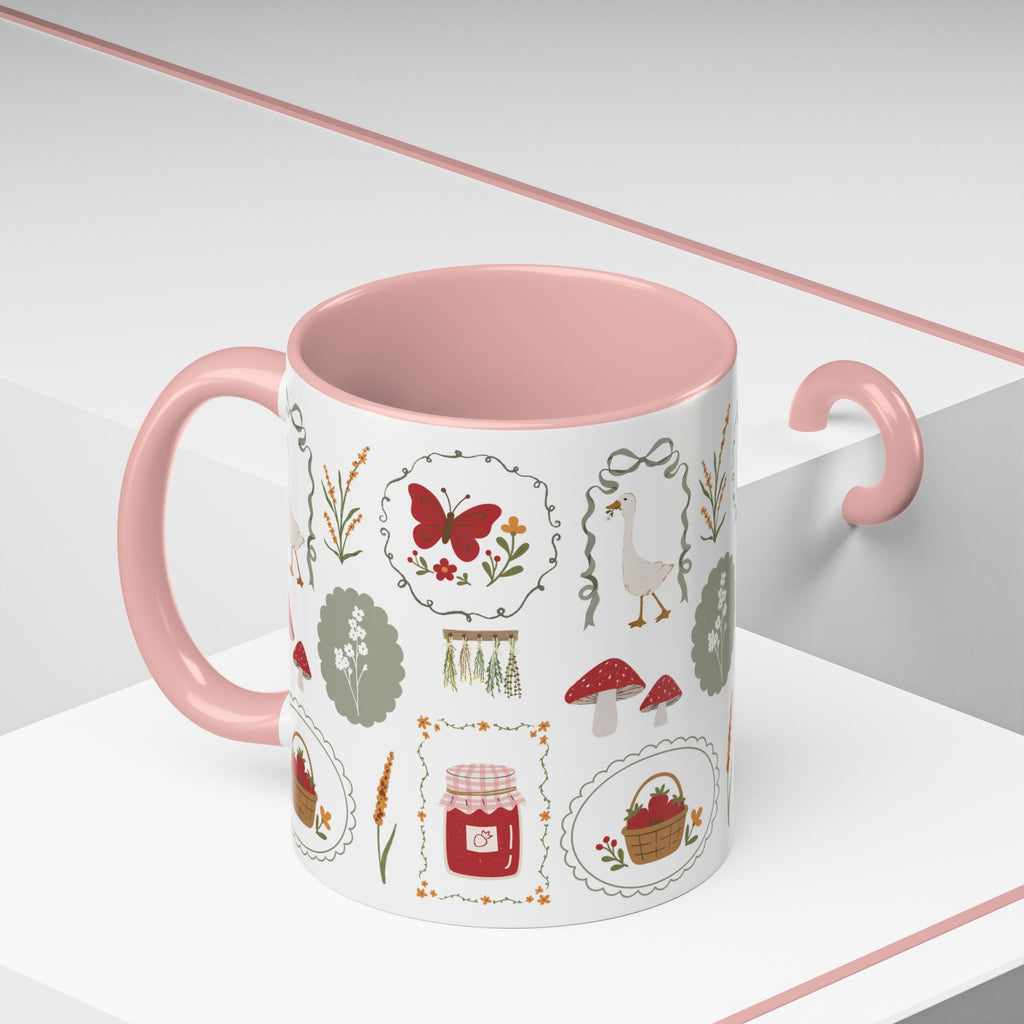 Floral Cottage Accent Coffee Mug — Pink Interior with Garden Icons (11/15 oz)