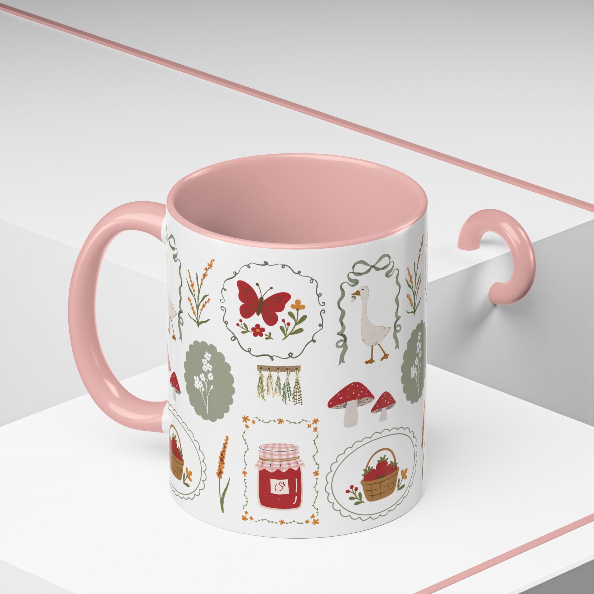 Floral Cottage Accent Coffee Mug — Pink Interior with Garden Icons (11/15 oz)