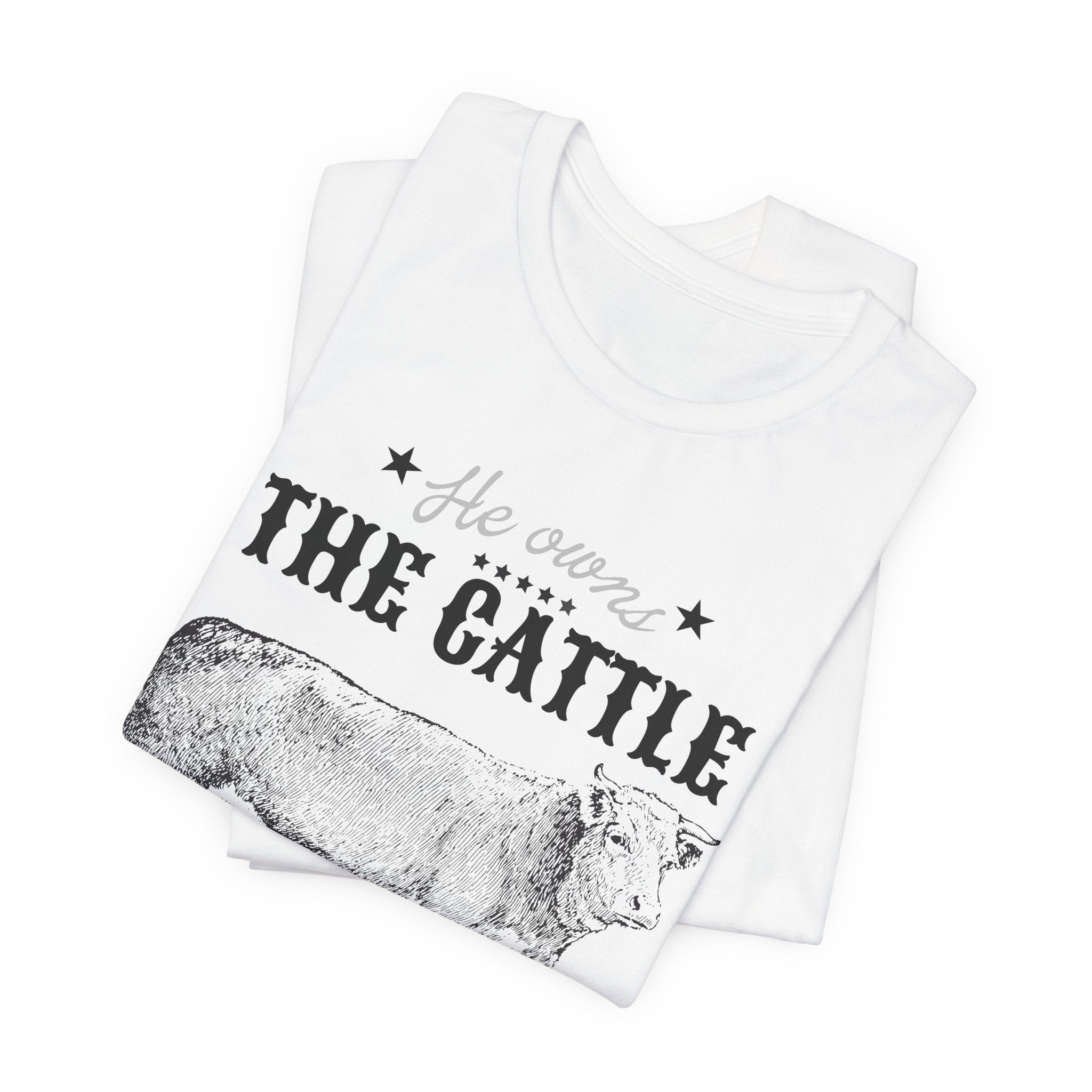 Vintage Cow Graphic Tee — "He Owns The Cattle" Rustic Farm Shirt (Psalm 50:10)