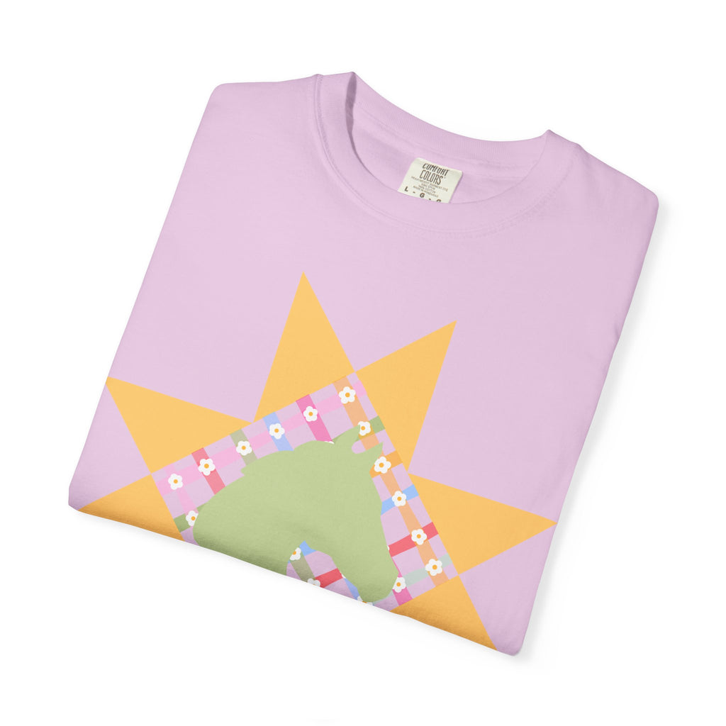 Starburst Quilt Horse Tee — Floral Patchwork Graphic T-Shirt