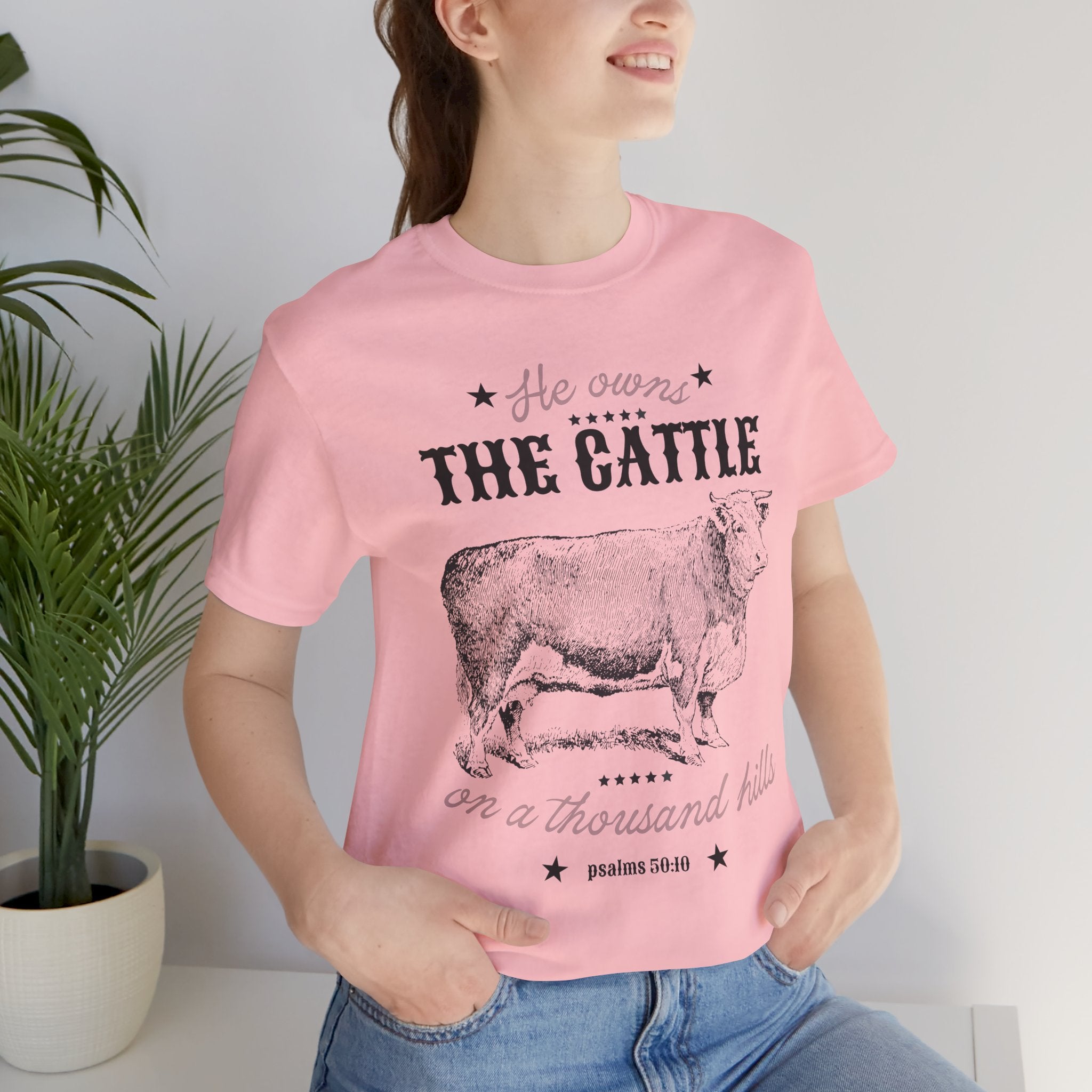 Vintage Cow Graphic Tee — "He Owns The Cattle" Rustic Farm Shirt (Psalm 50:10)