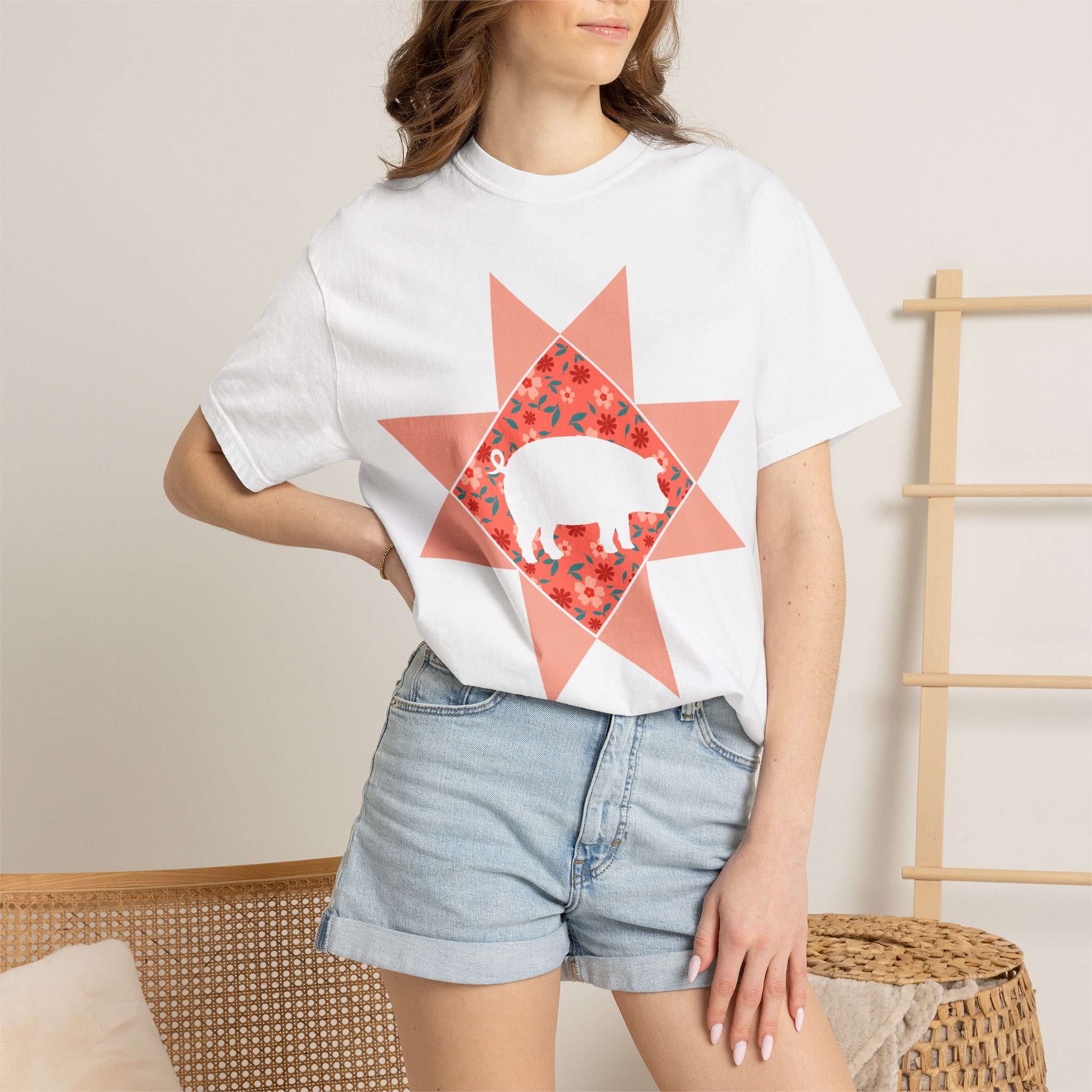 Pig Silhouette Star Quilting T-Shirt — Floral Farm Animal Tee