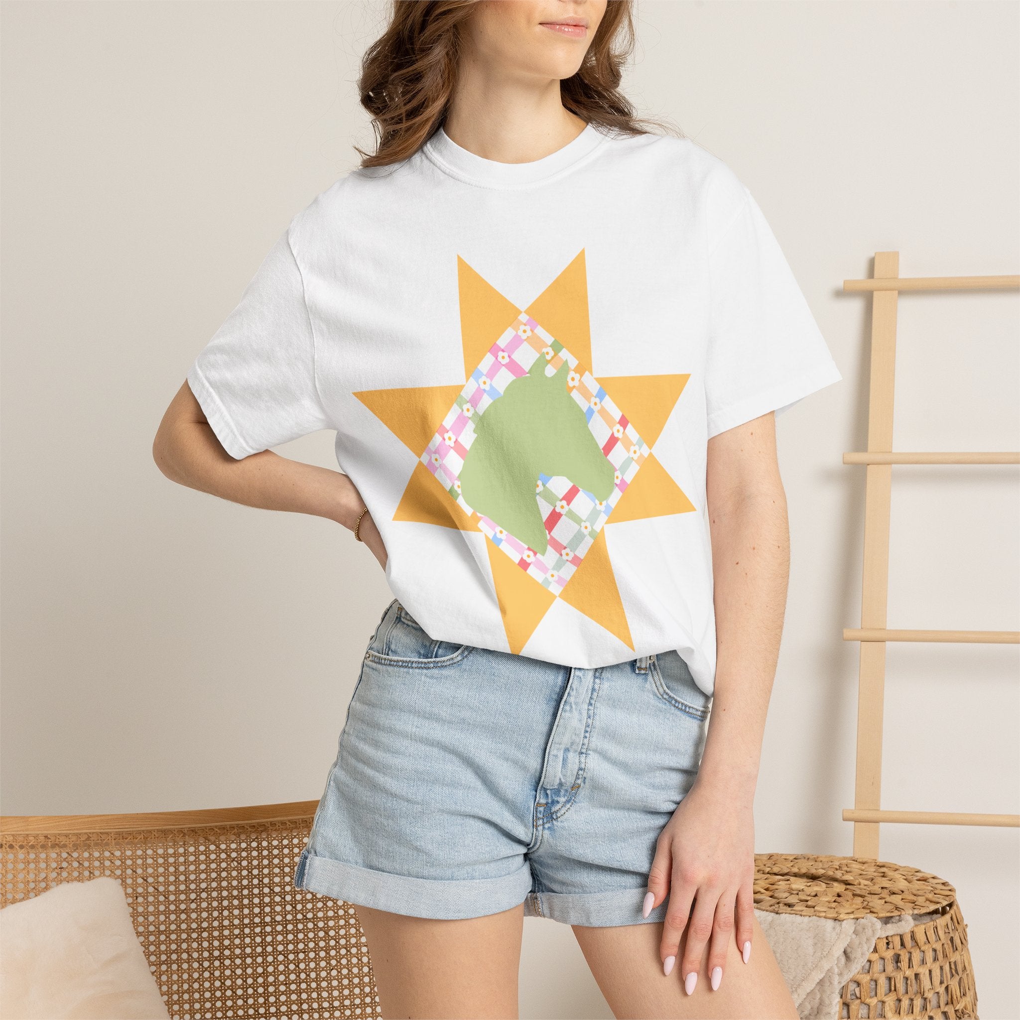 Starburst Quilt Horse Tee — Floral Patchwork Graphic T-Shirt