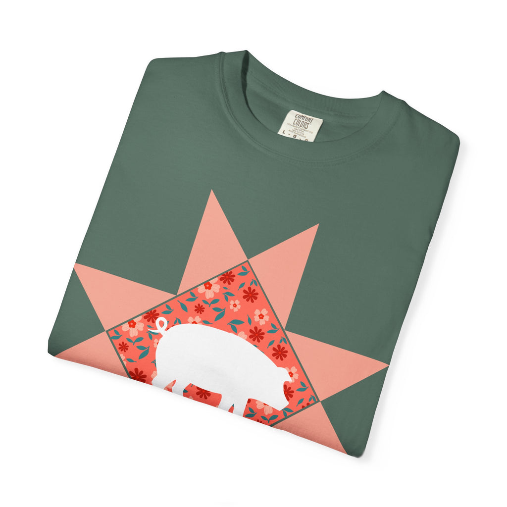Pig Silhouette Star Quilting T-Shirt — Floral Farm Animal Tee
