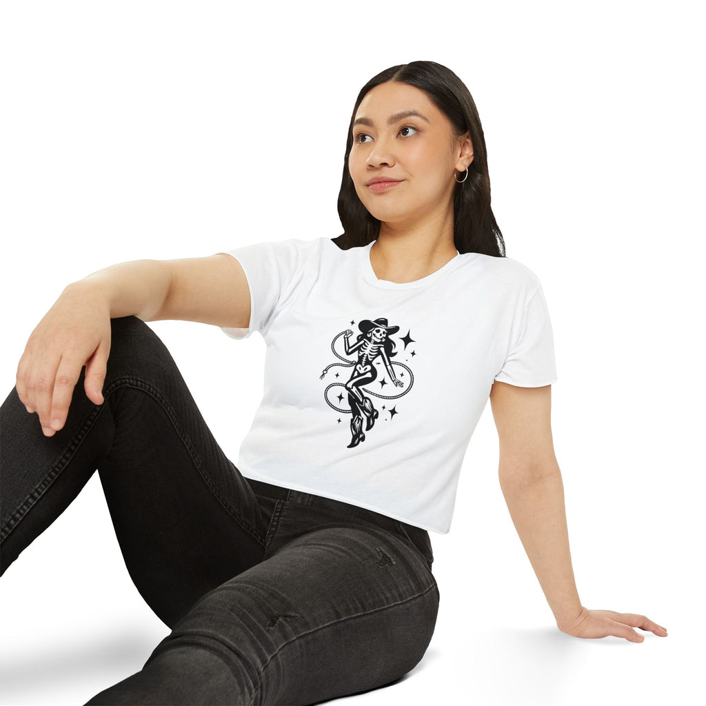 Skeleton Cowgirl Crop Top — Retro Western Festival Tee