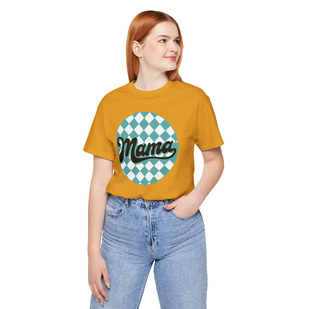 Mama Retro Checkerboard Tee — Vintage Script Mom T-Shirt