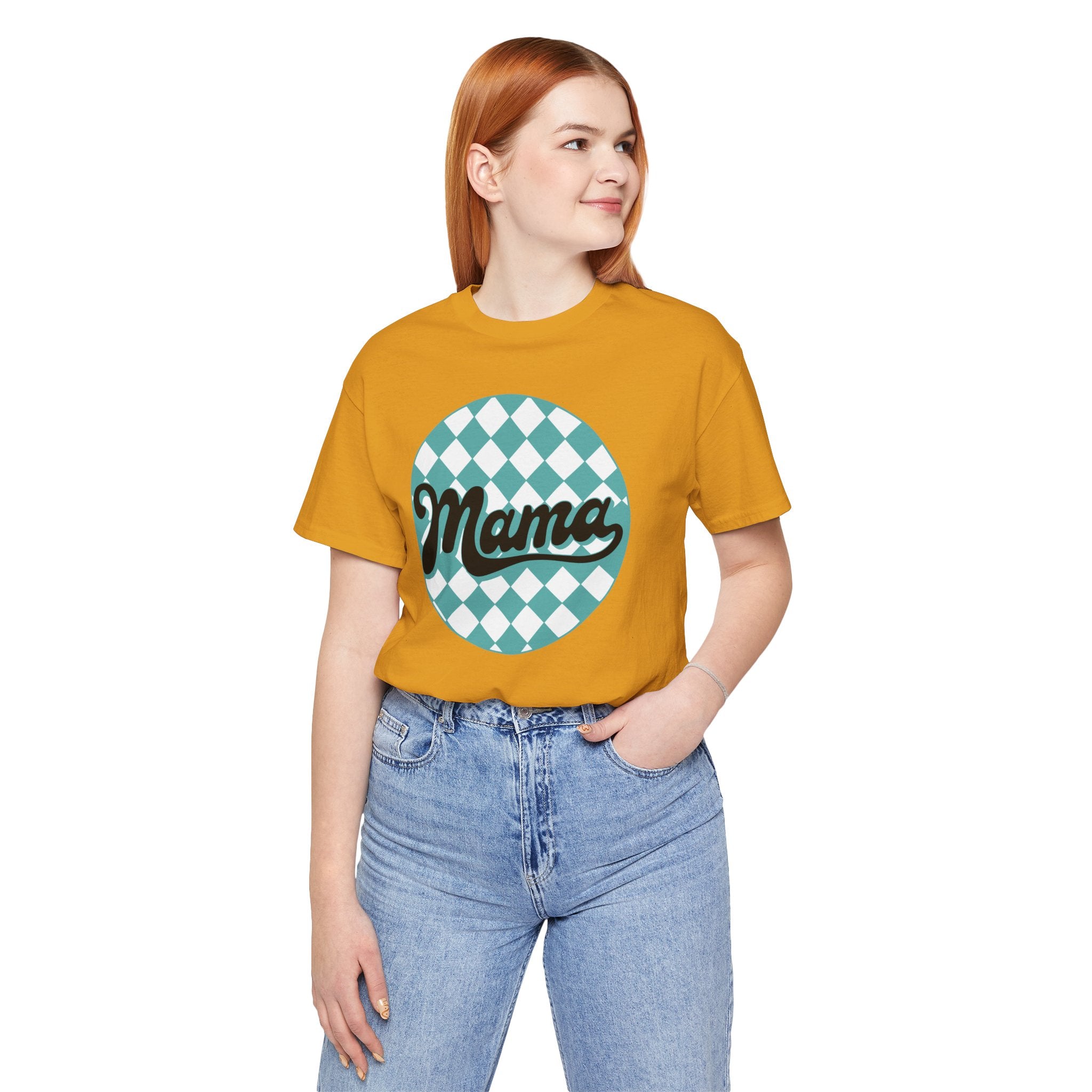 Mama Retro Checkerboard Tee — Vintage Script Mom T-Shirt