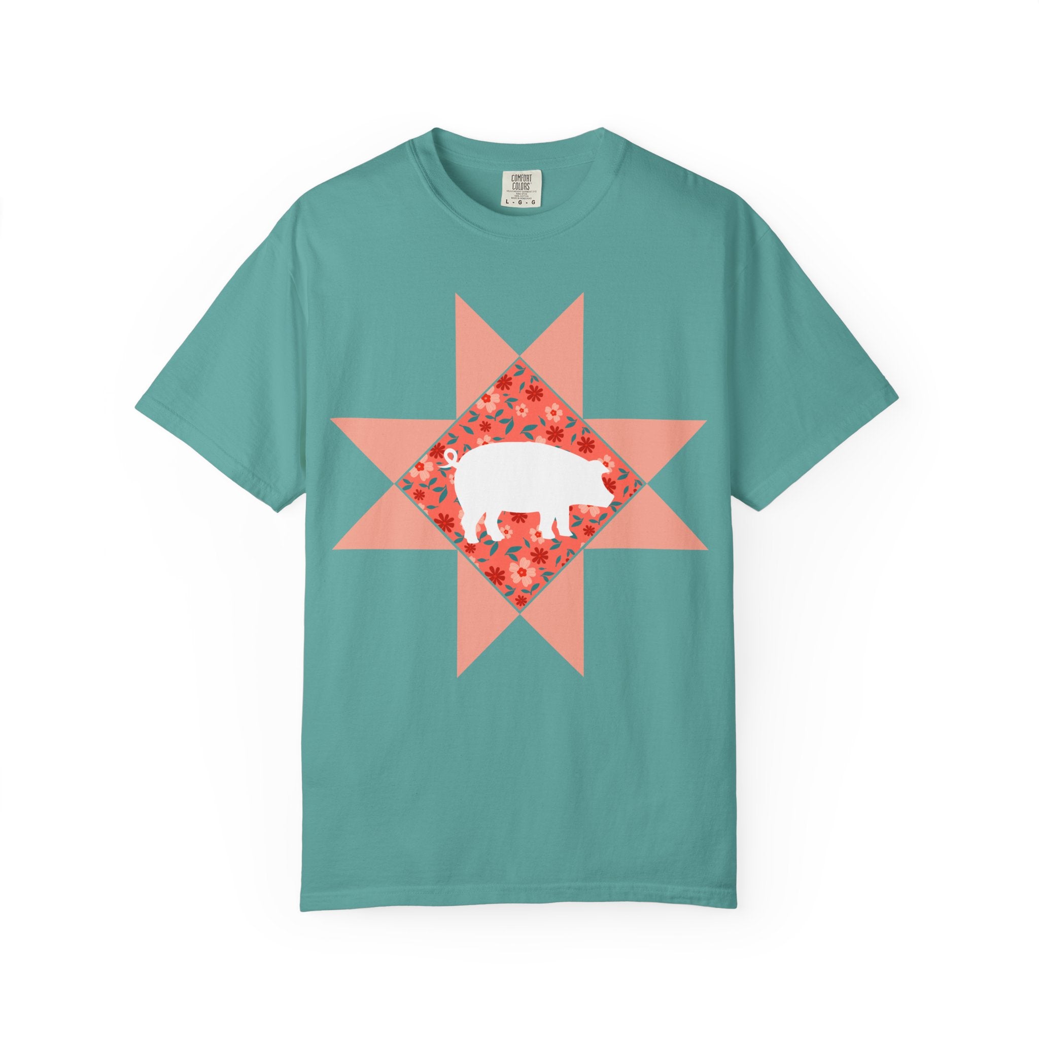 Pig Silhouette Star Quilting T-Shirt — Floral Farm Animal Tee