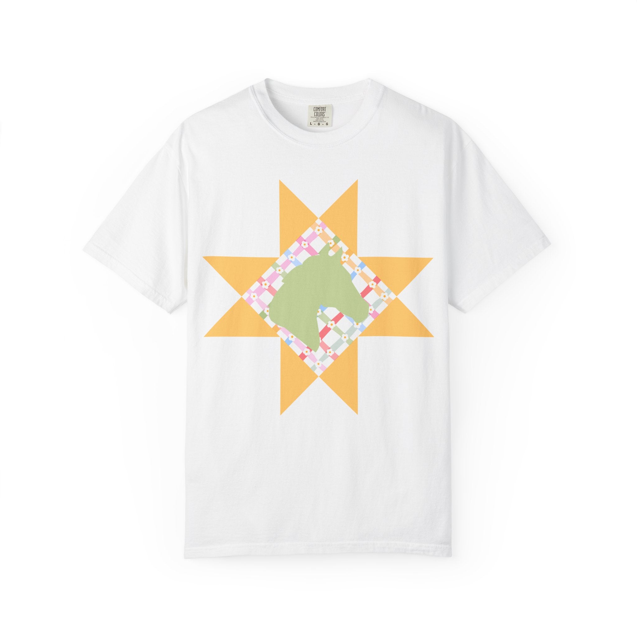 Starburst Quilt Horse Tee — Floral Patchwork Graphic T-Shirt