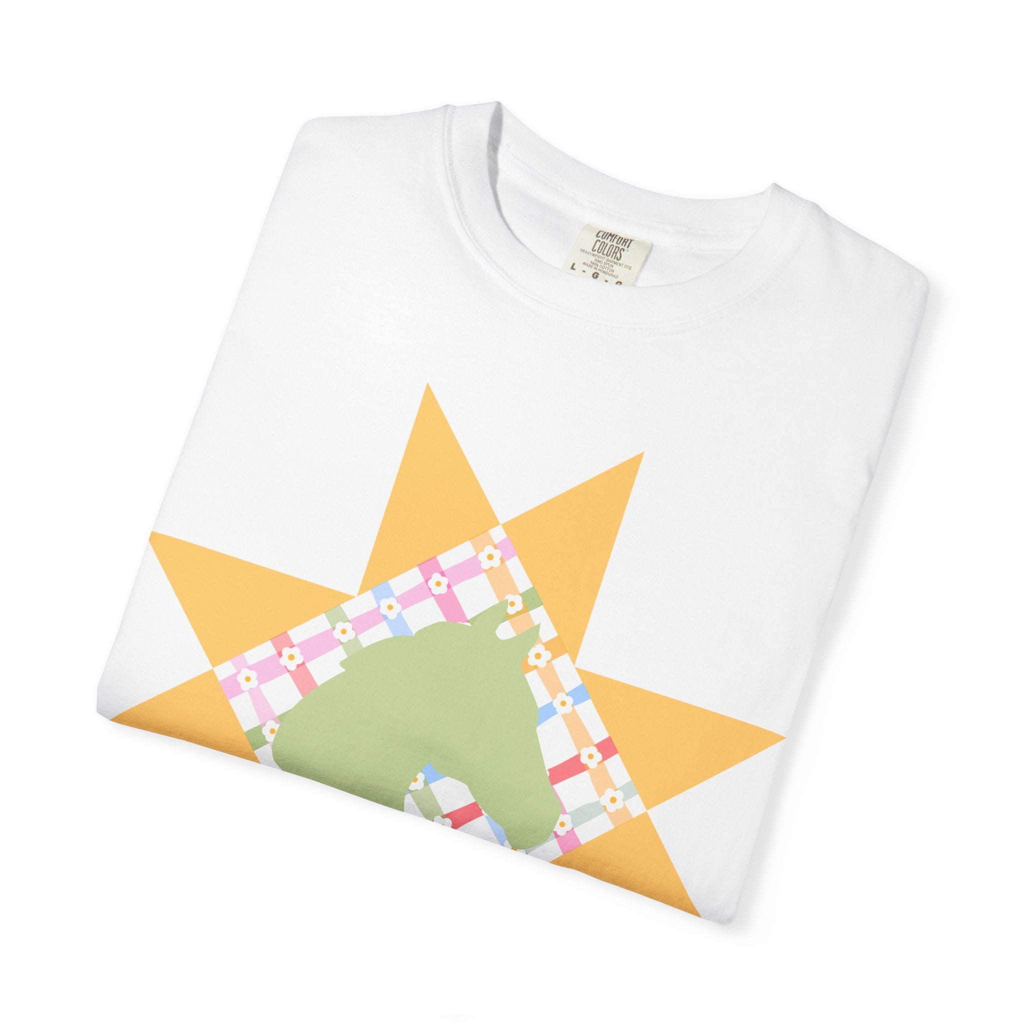 Starburst Quilt Horse Tee — Floral Patchwork Graphic T-Shirt