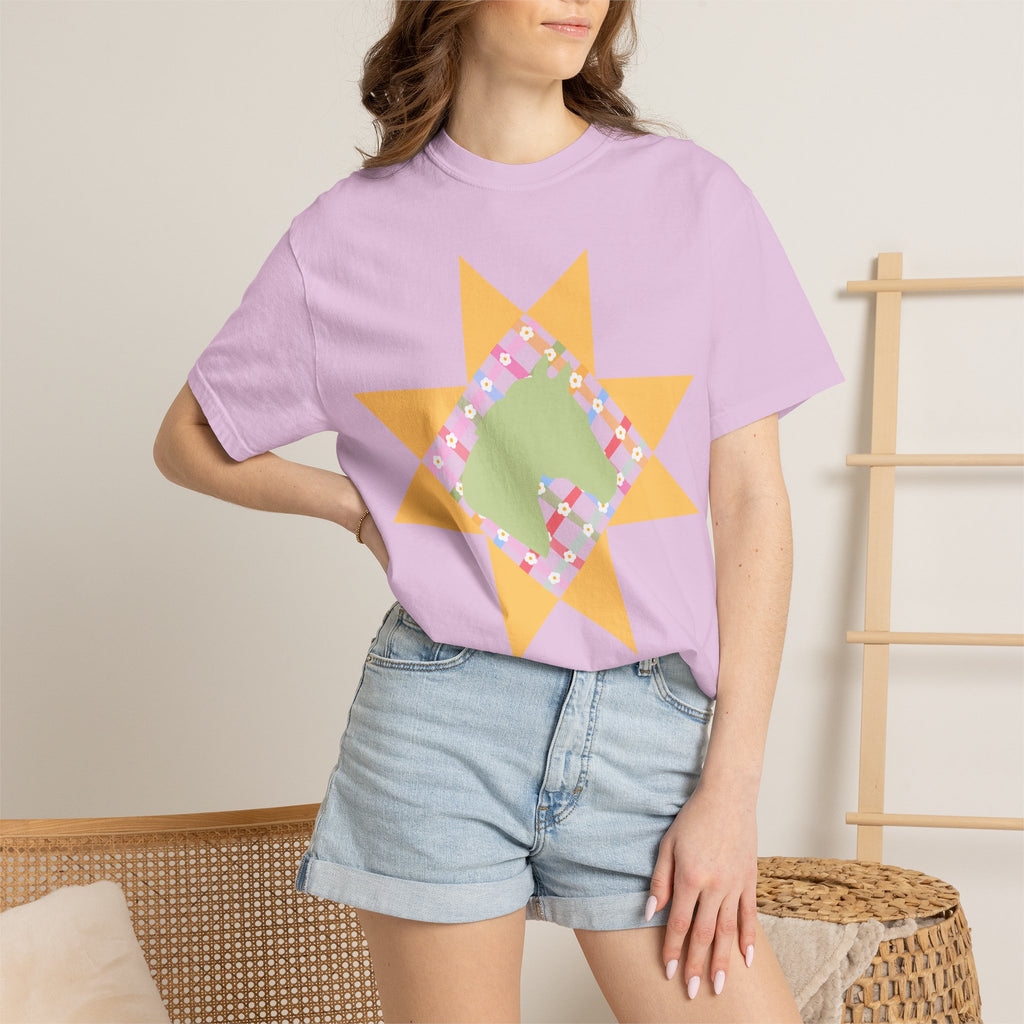 Starburst Quilt Horse Tee — Floral Patchwork Graphic T-Shirt