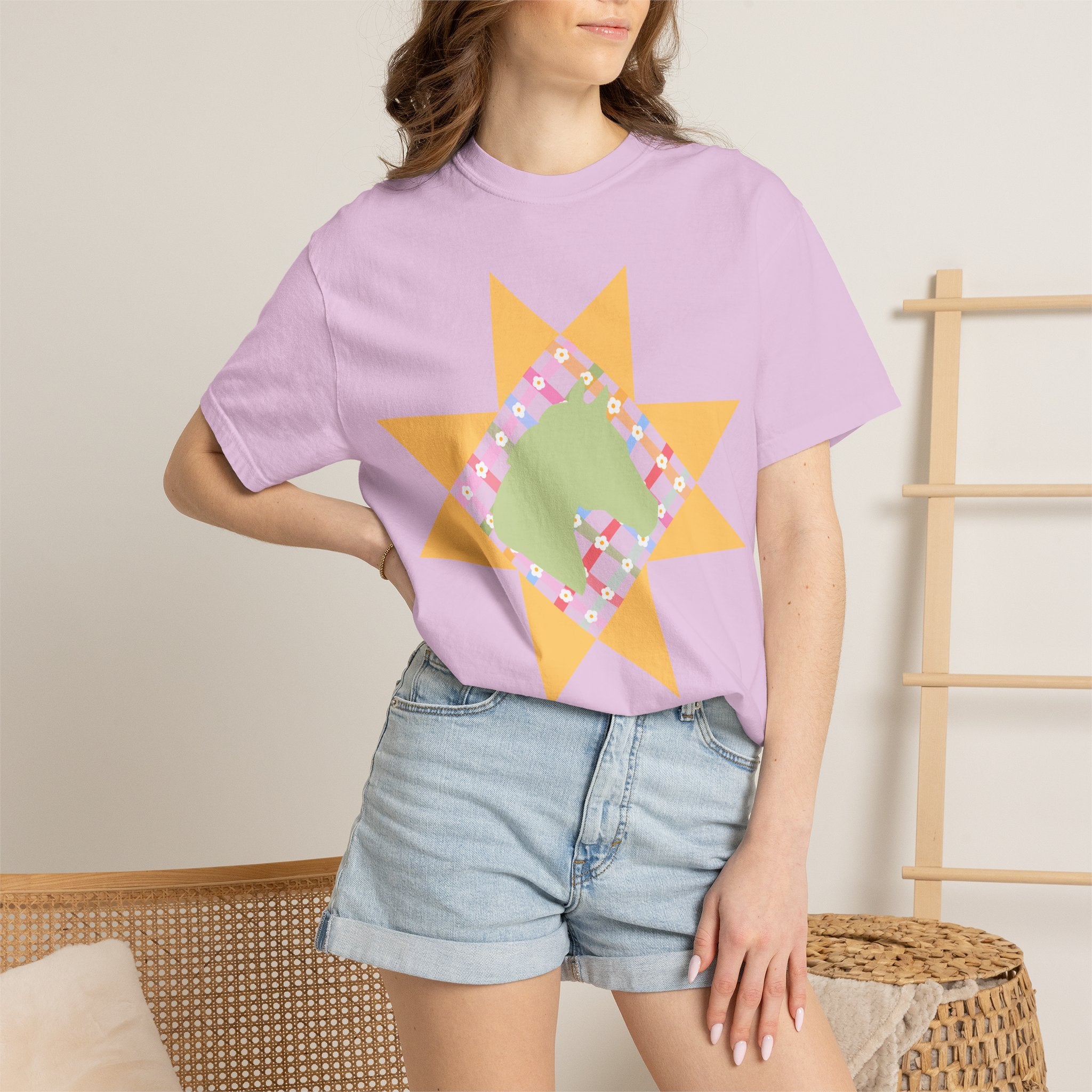 Starburst Quilt Horse Tee — Floral Patchwork Graphic T-Shirt