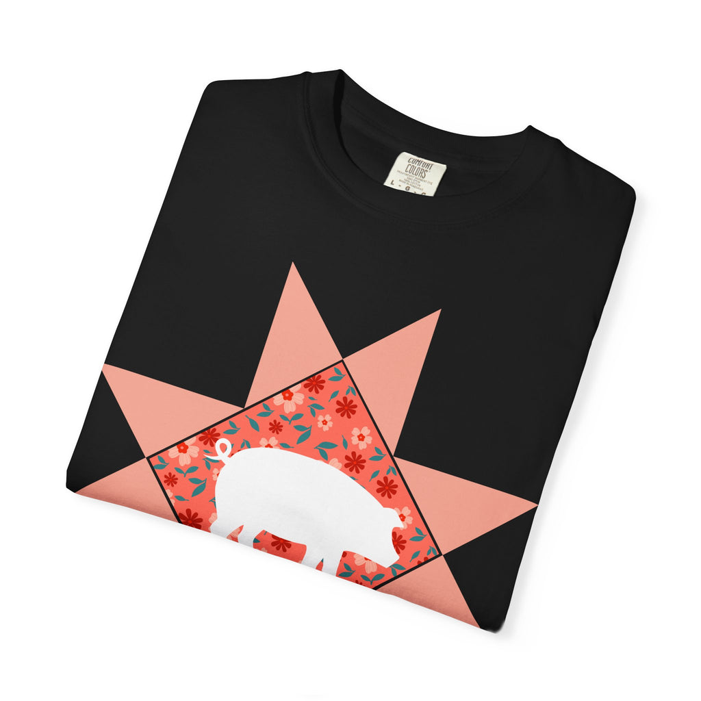 Pig Silhouette Star Quilting T-Shirt — Floral Farm Animal Tee
