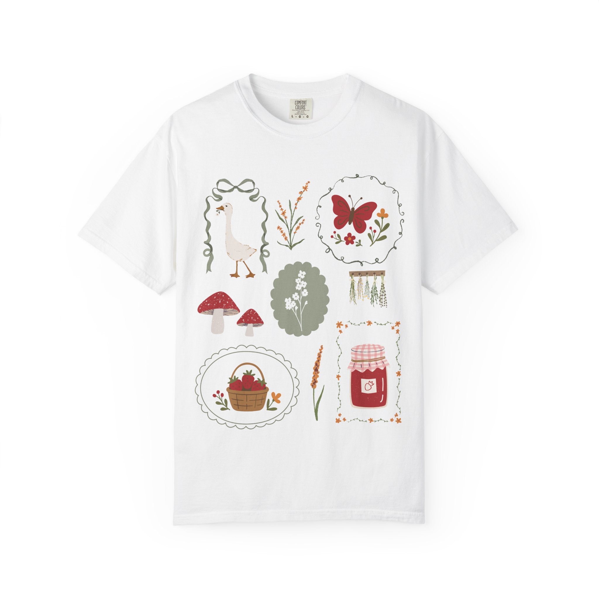 Spring Cottagecore T-Shirt — Butterfly, Mushrooms & Picnic Illustrations
