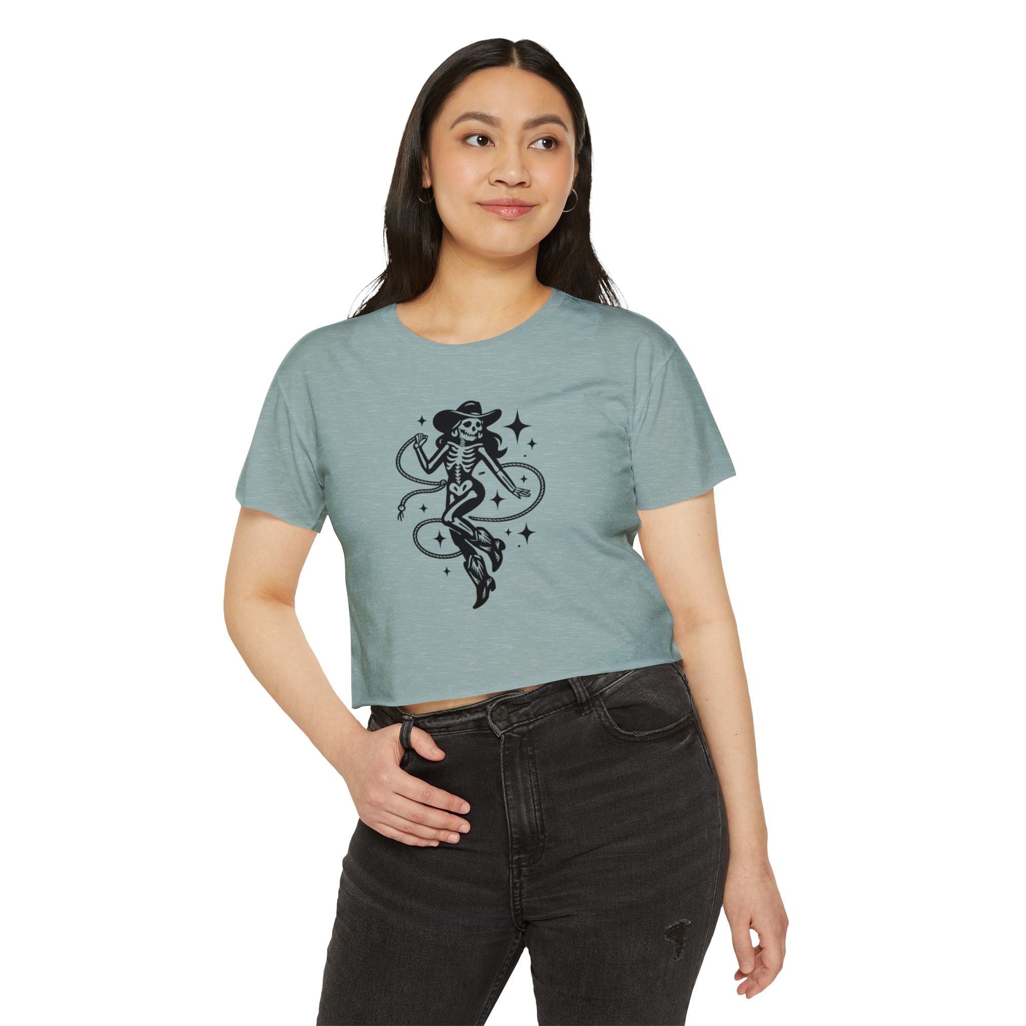 Skeleton Cowgirl Crop Top — Retro Western Festival Tee