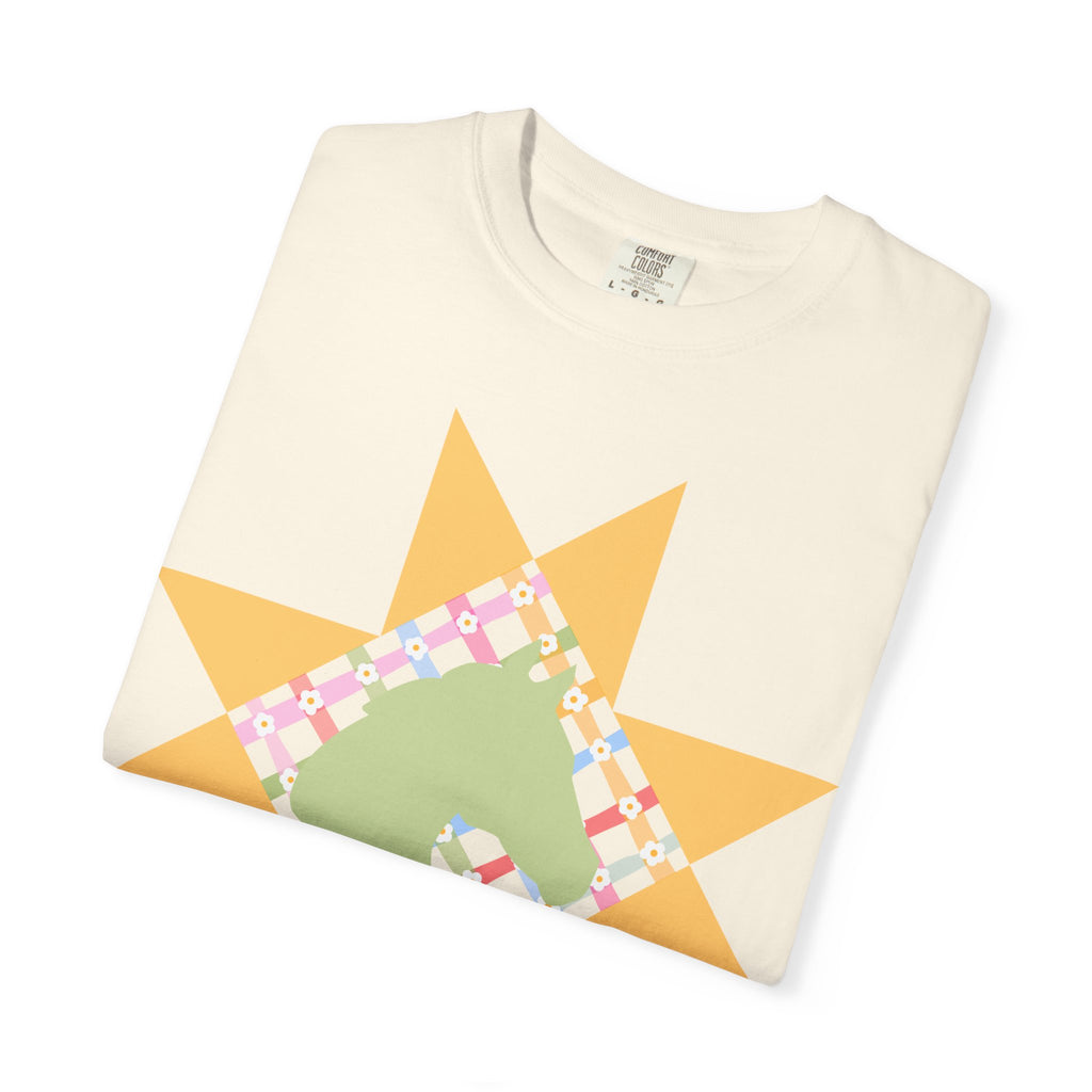 Starburst Quilt Horse Tee — Floral Patchwork Graphic T-Shirt