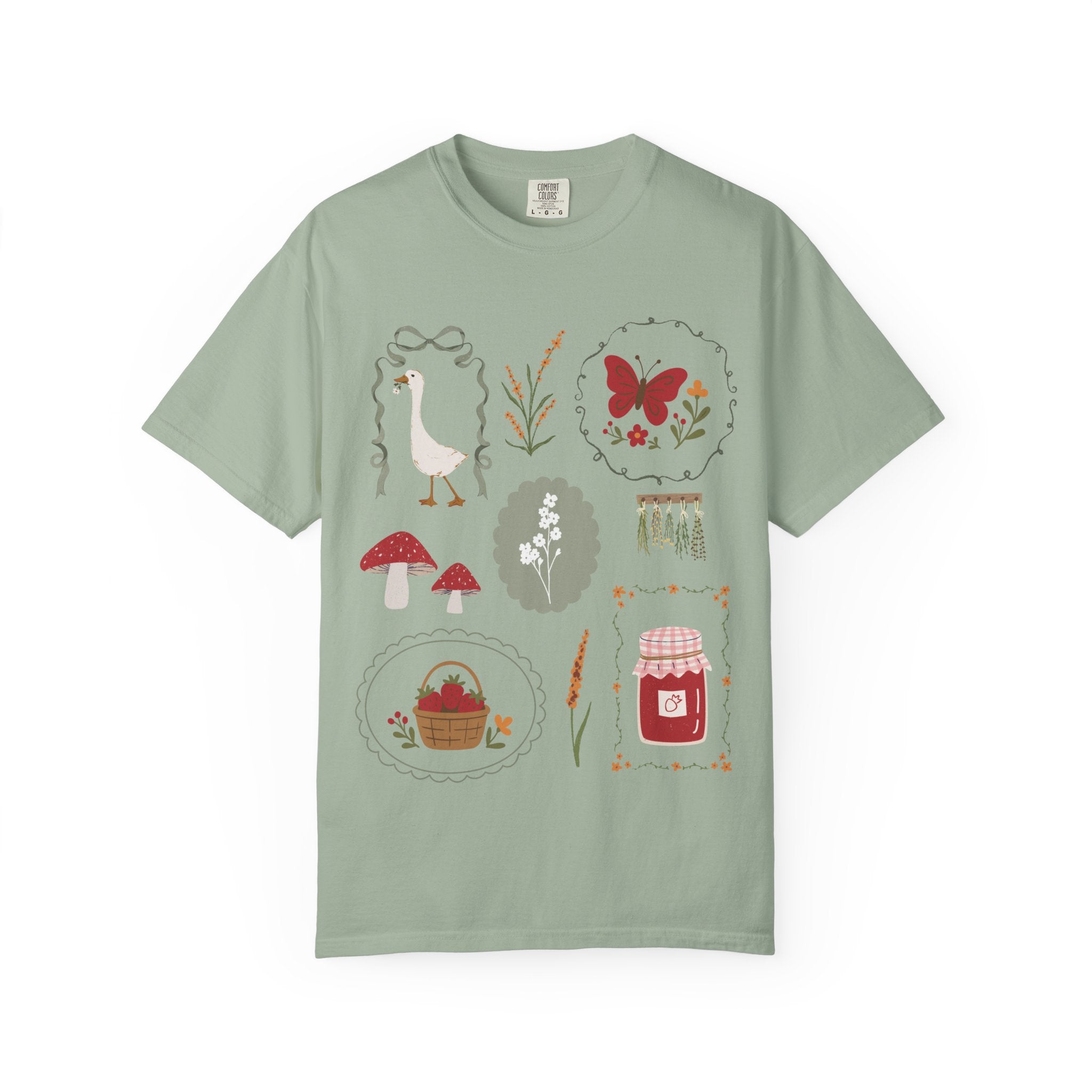 Spring Cottagecore T-Shirt — Butterfly, Mushrooms & Picnic Illustrations