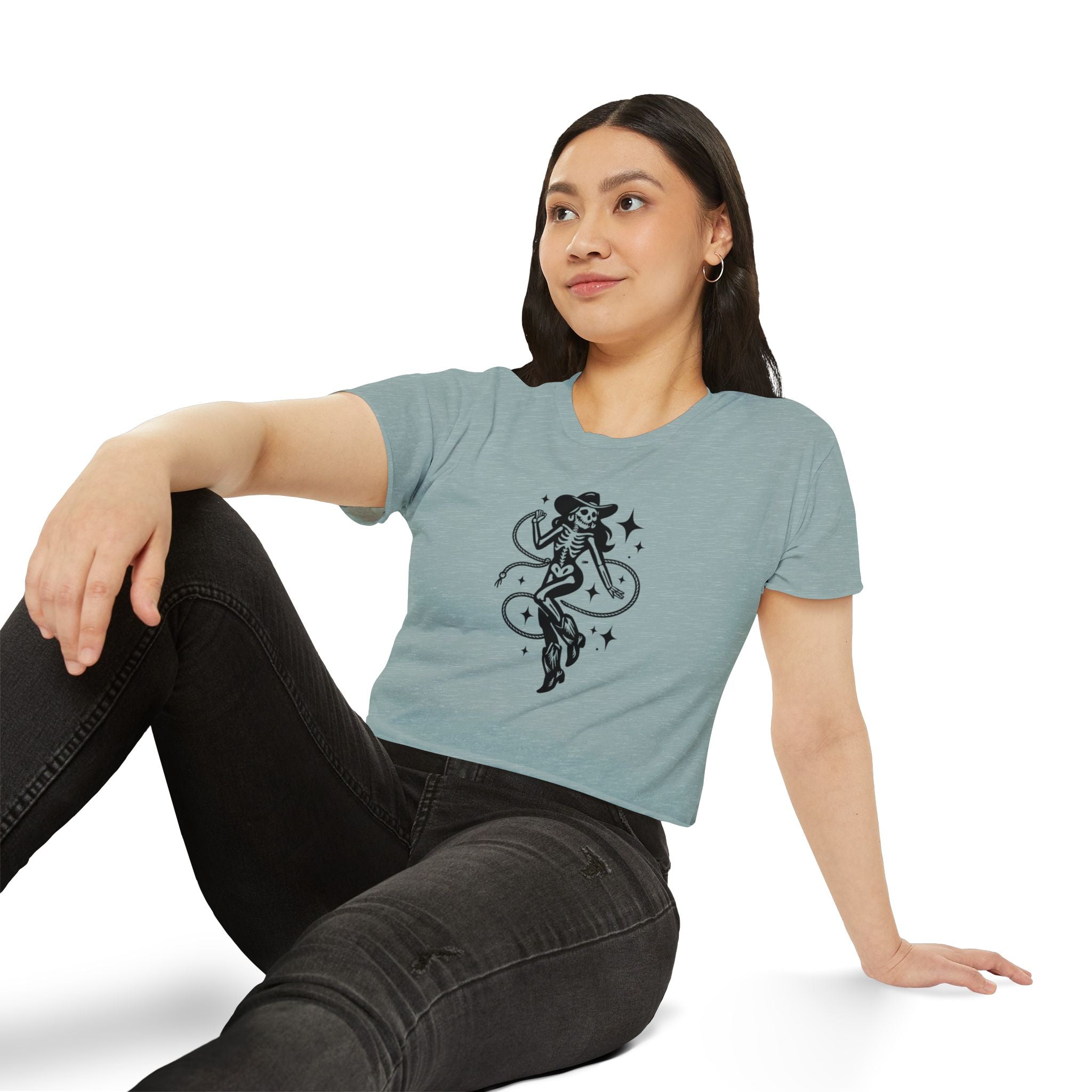 Skeleton Cowgirl Crop Top — Retro Western Festival Tee