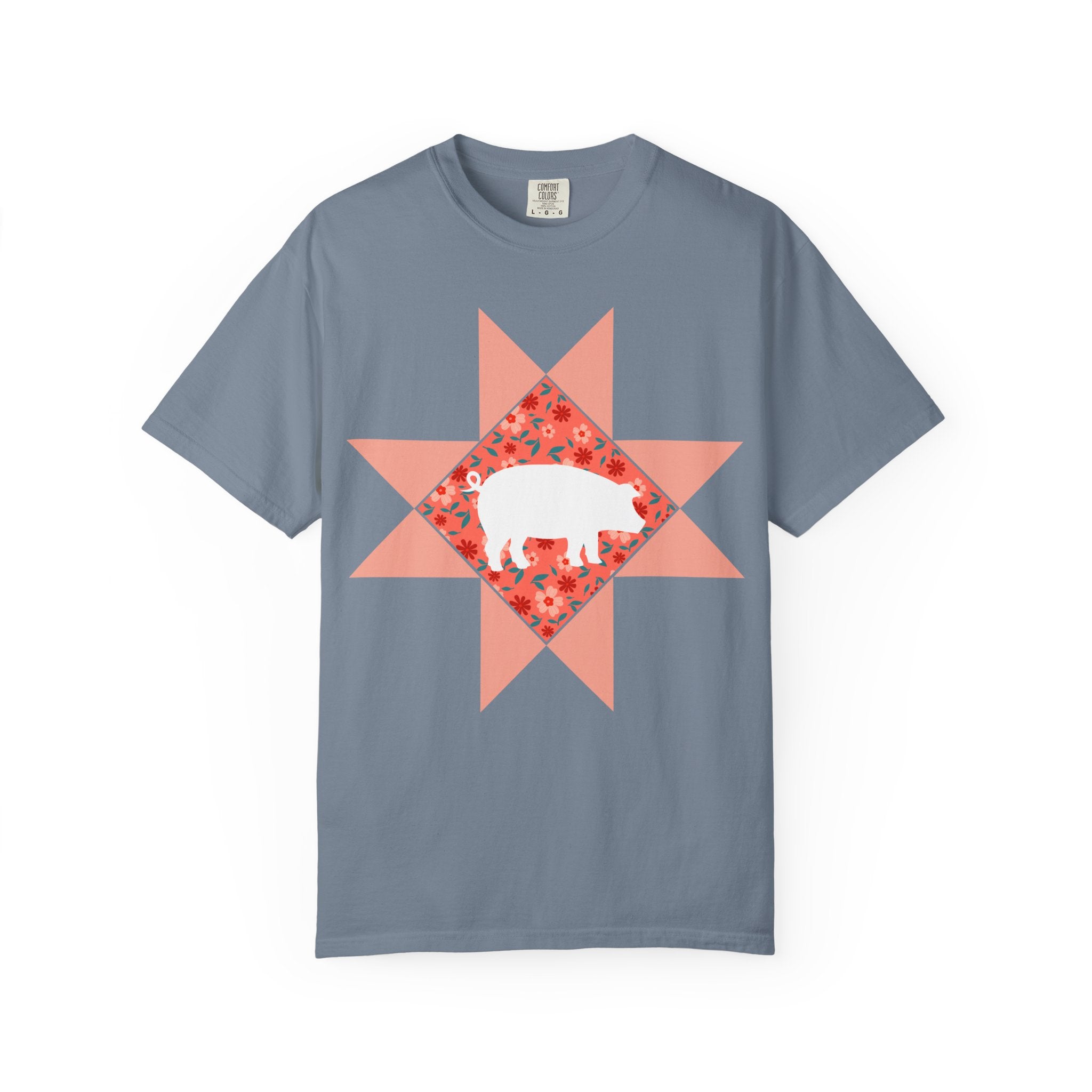 Pig Silhouette Star Quilting T-Shirt — Floral Farm Animal Tee