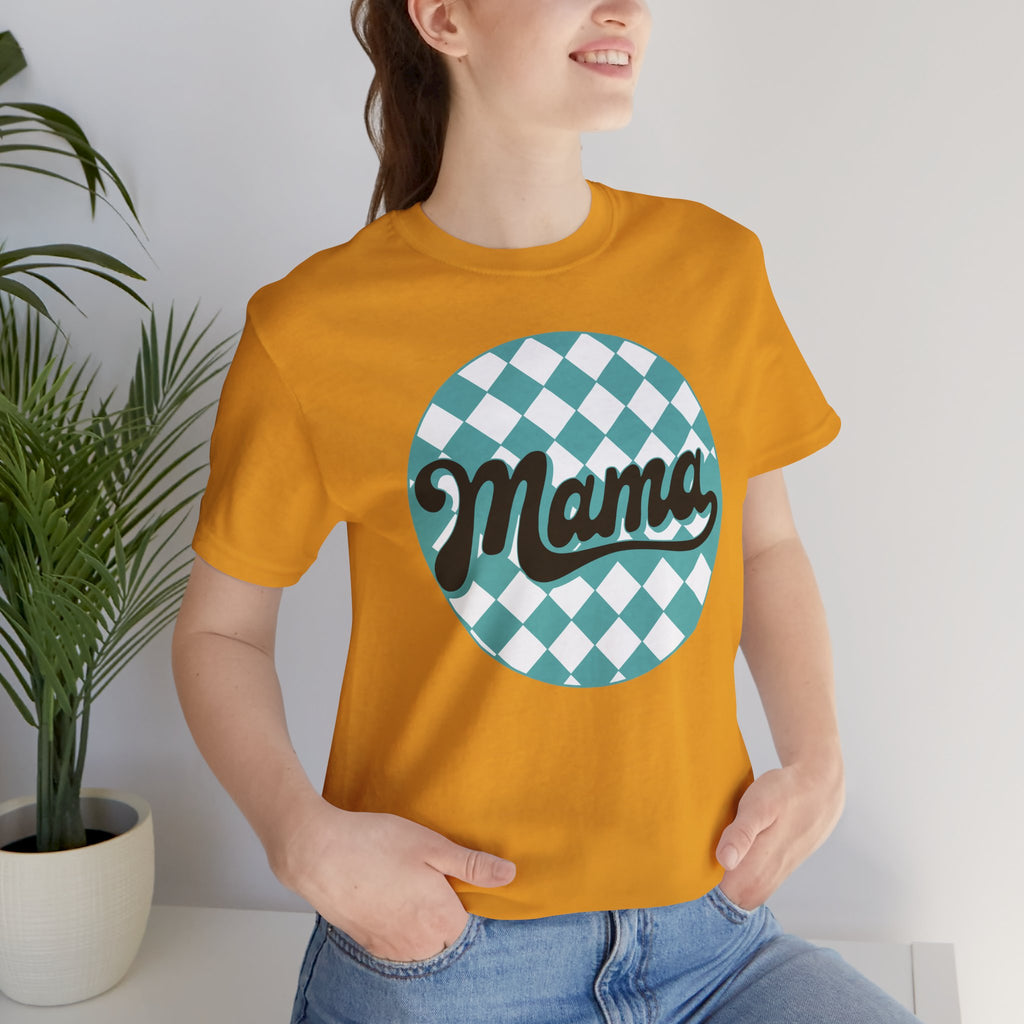 Mama Retro Checkerboard Tee — Vintage Script Mom T-Shirt