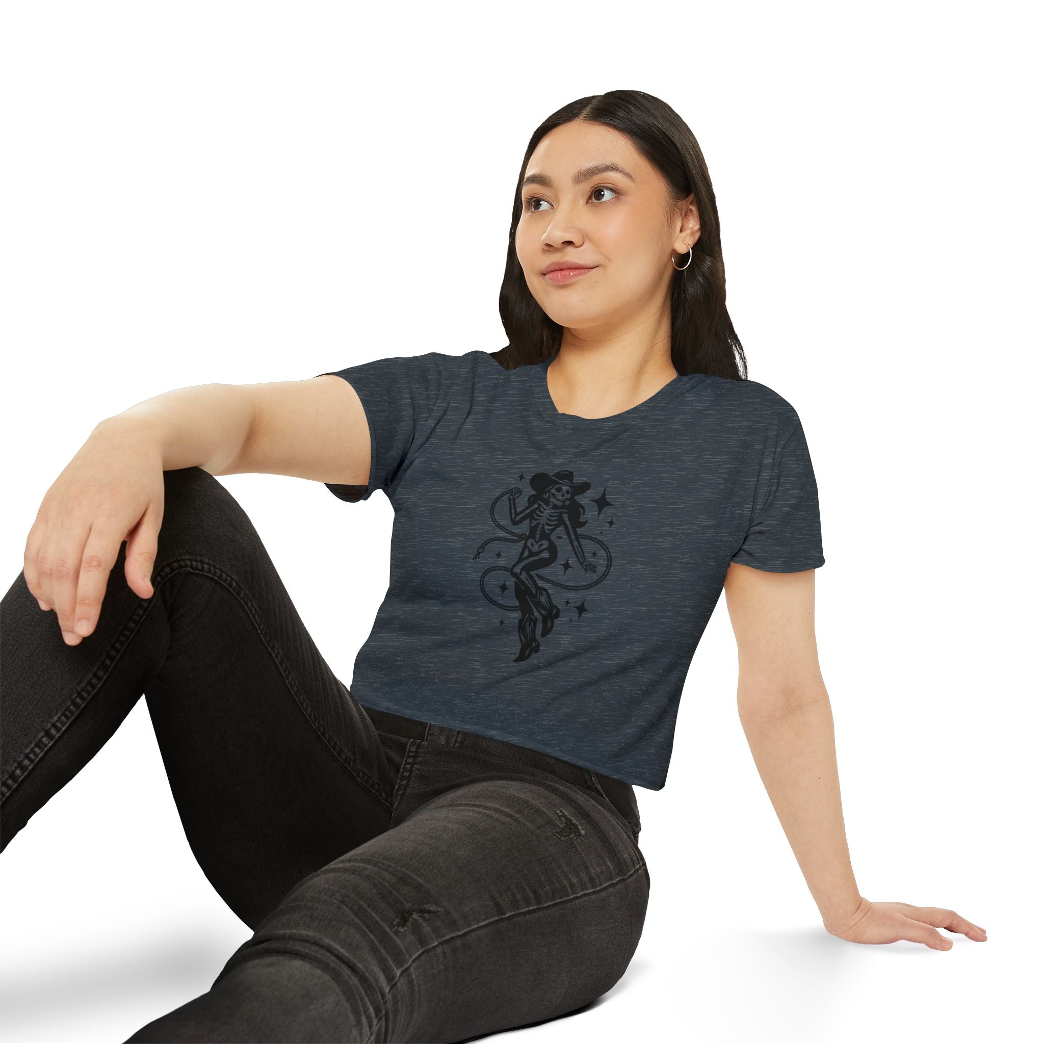 Skeleton Cowgirl Crop Top — Retro Western Festival Tee