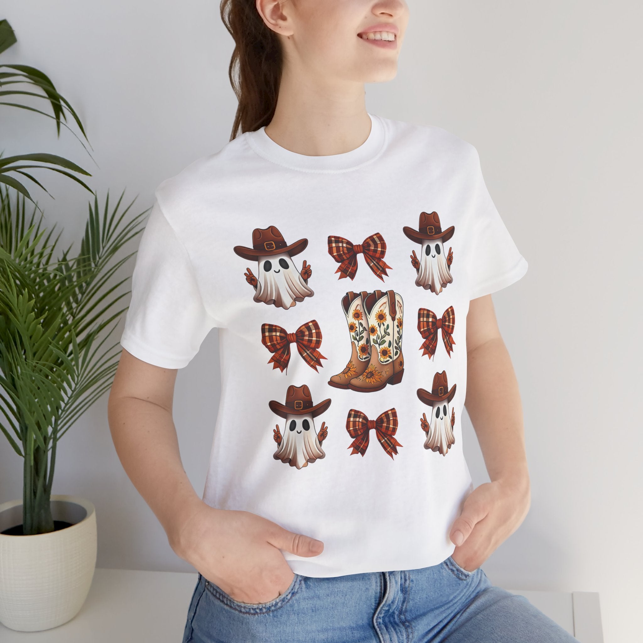 Cowgirl Fall Halloween Tee — Ghosts, Cowboy Boots & Plaid Bows Graphic T-Shirt