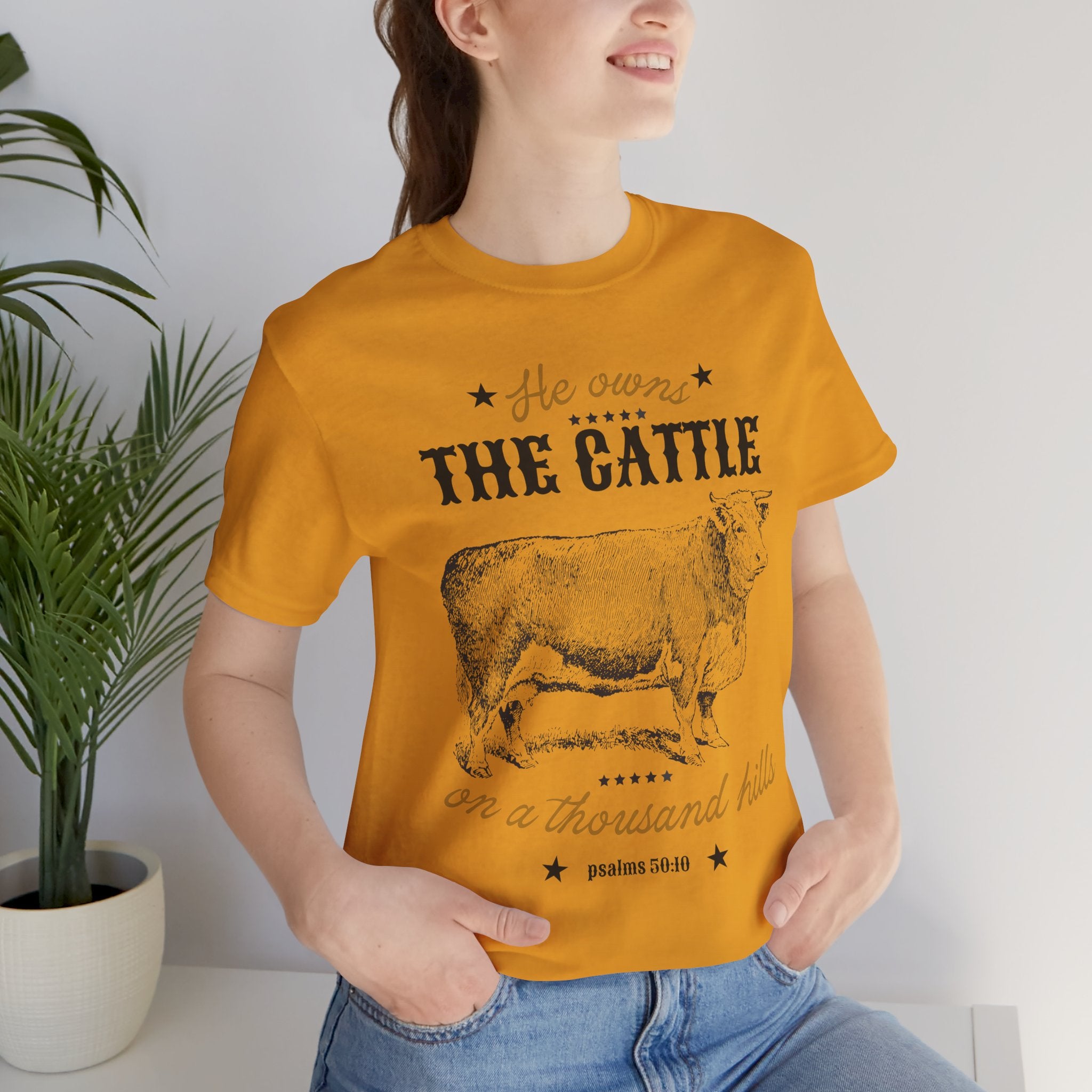 Vintage Cow Graphic Tee — "He Owns The Cattle" Rustic Farm Shirt (Psalm 50:10)