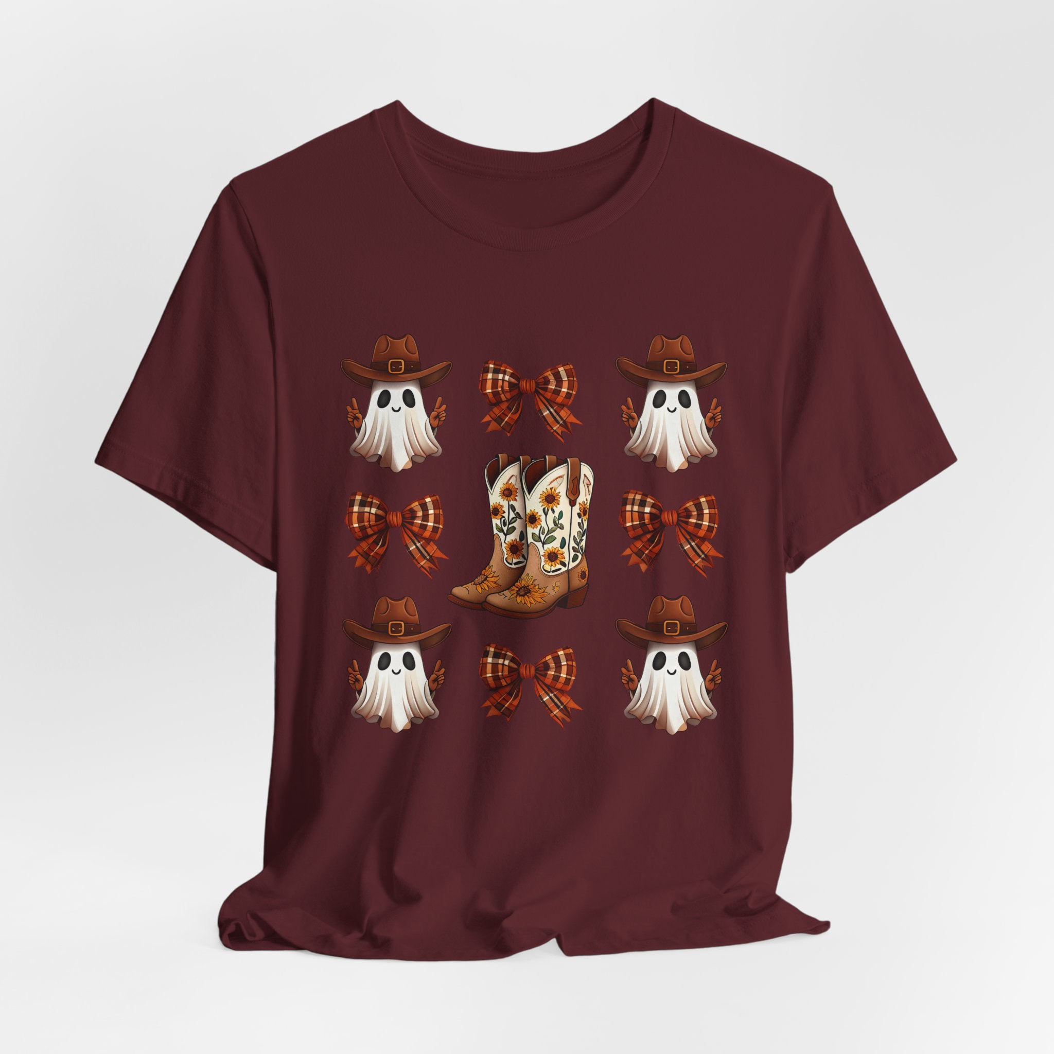 Cowgirl Fall Halloween Tee — Ghosts, Cowboy Boots & Plaid Bows Graphic T-Shirt
