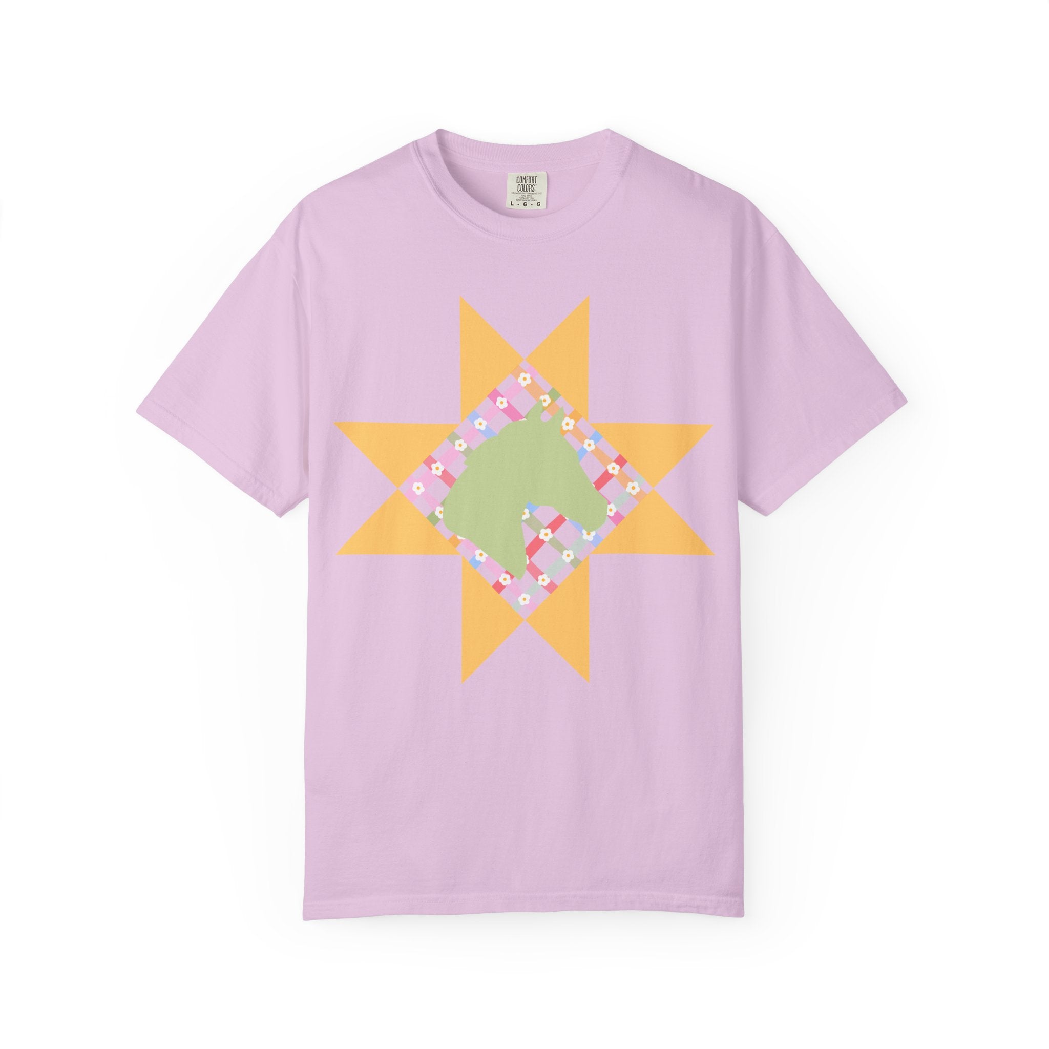 Starburst Quilt Horse Tee — Floral Patchwork Graphic T-Shirt