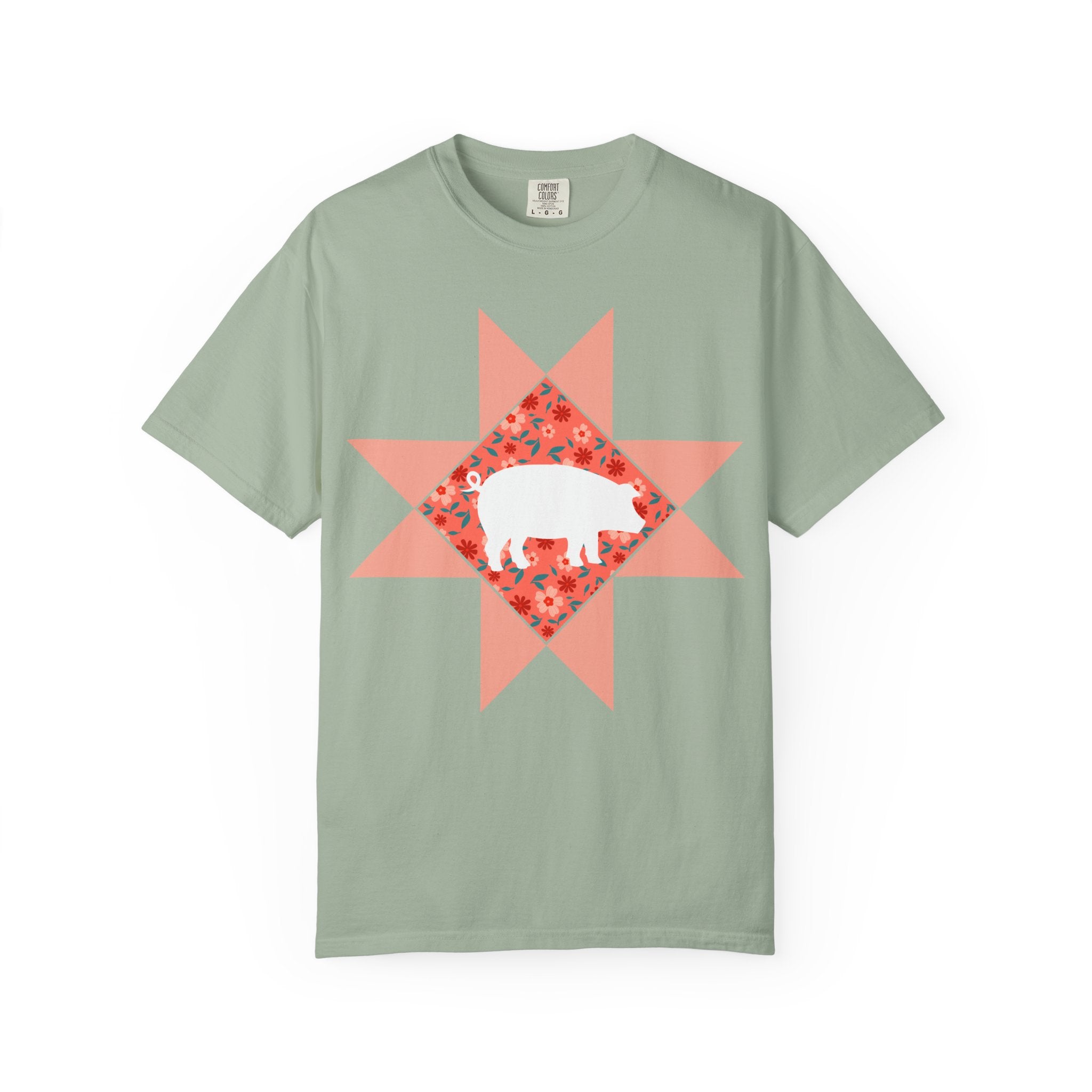 Pig Silhouette Star Quilting T-Shirt — Floral Farm Animal Tee