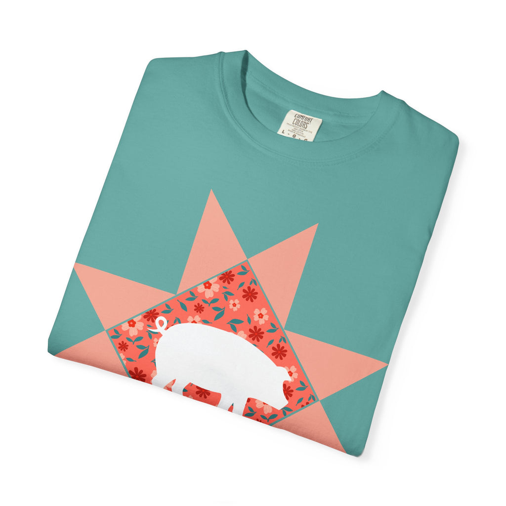 Pig Silhouette Star Quilting T-Shirt — Floral Farm Animal Tee