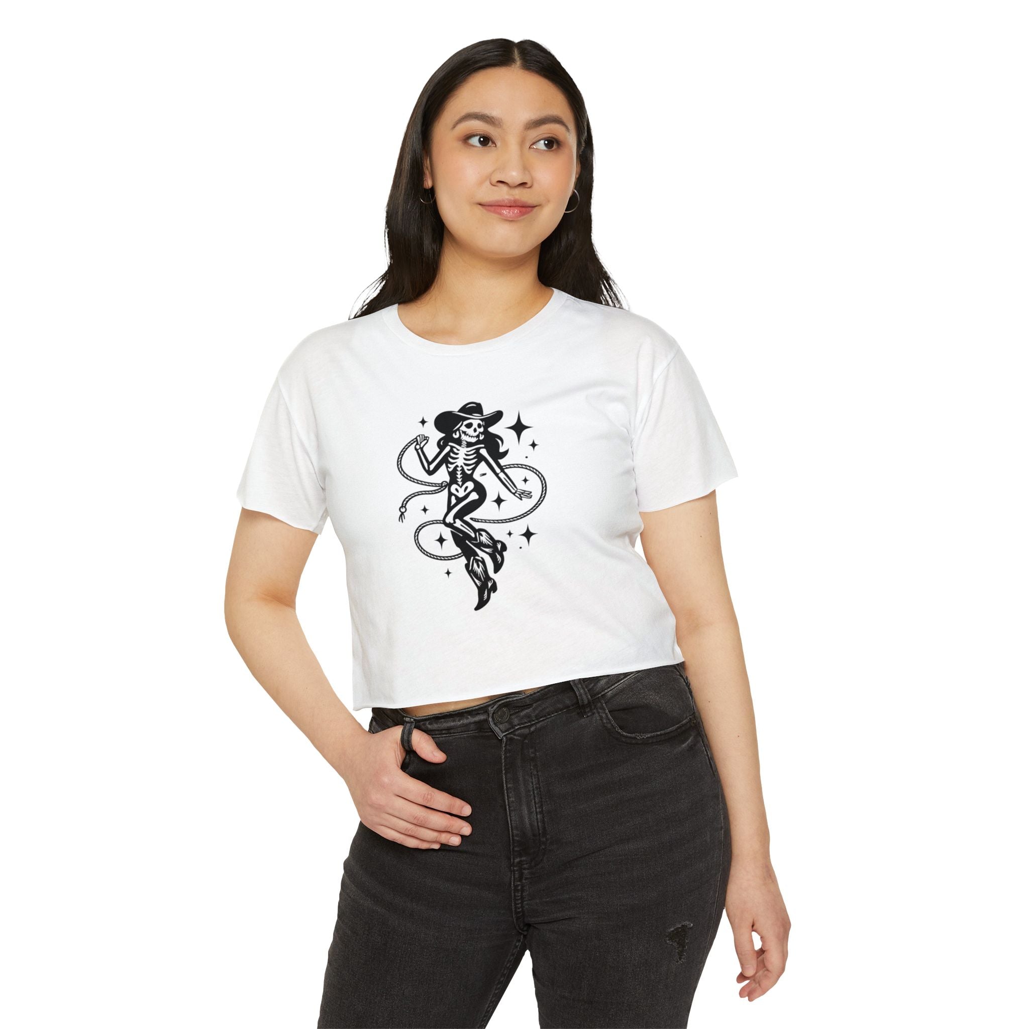 Skeleton Cowgirl Crop Top — Retro Western Festival Tee