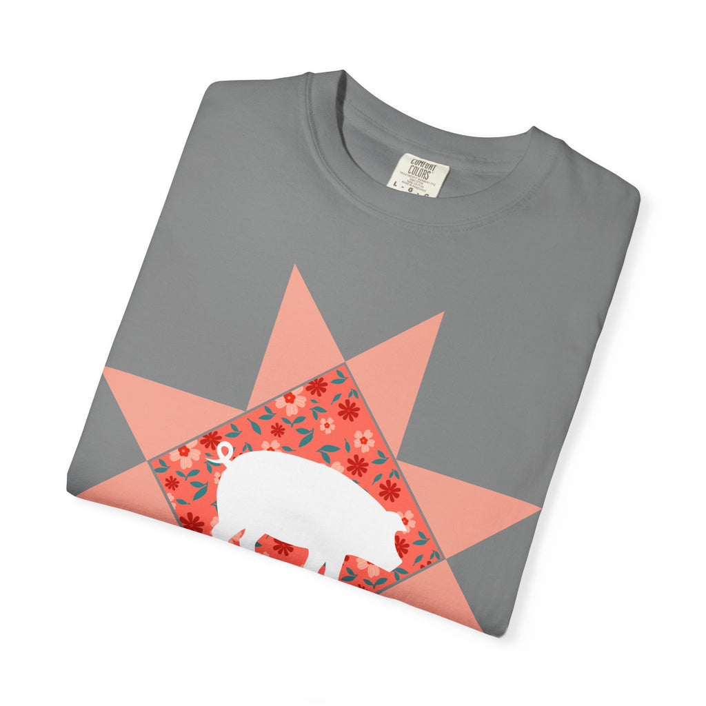 Pig Silhouette Star Quilting T-Shirt — Floral Farm Animal Tee