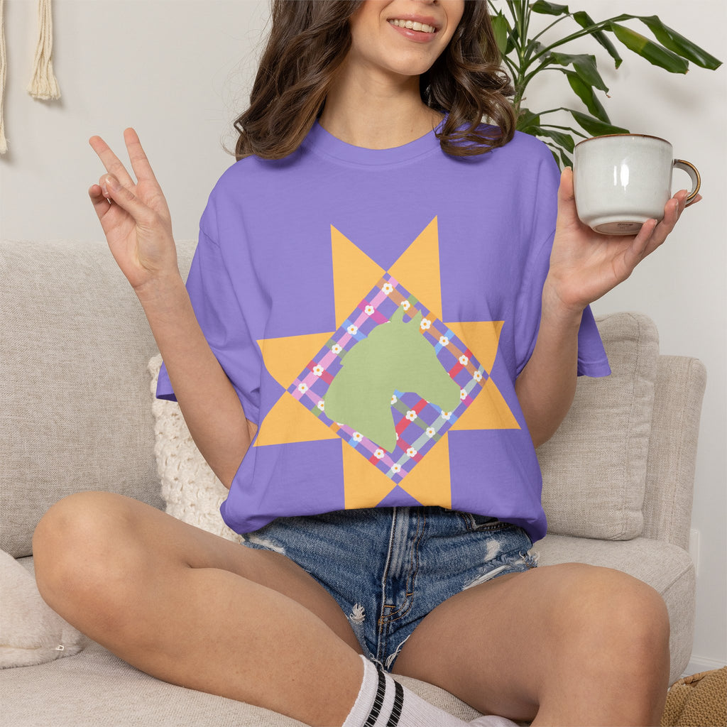 Starburst Quilt Horse Tee — Floral Patchwork Graphic T-Shirt