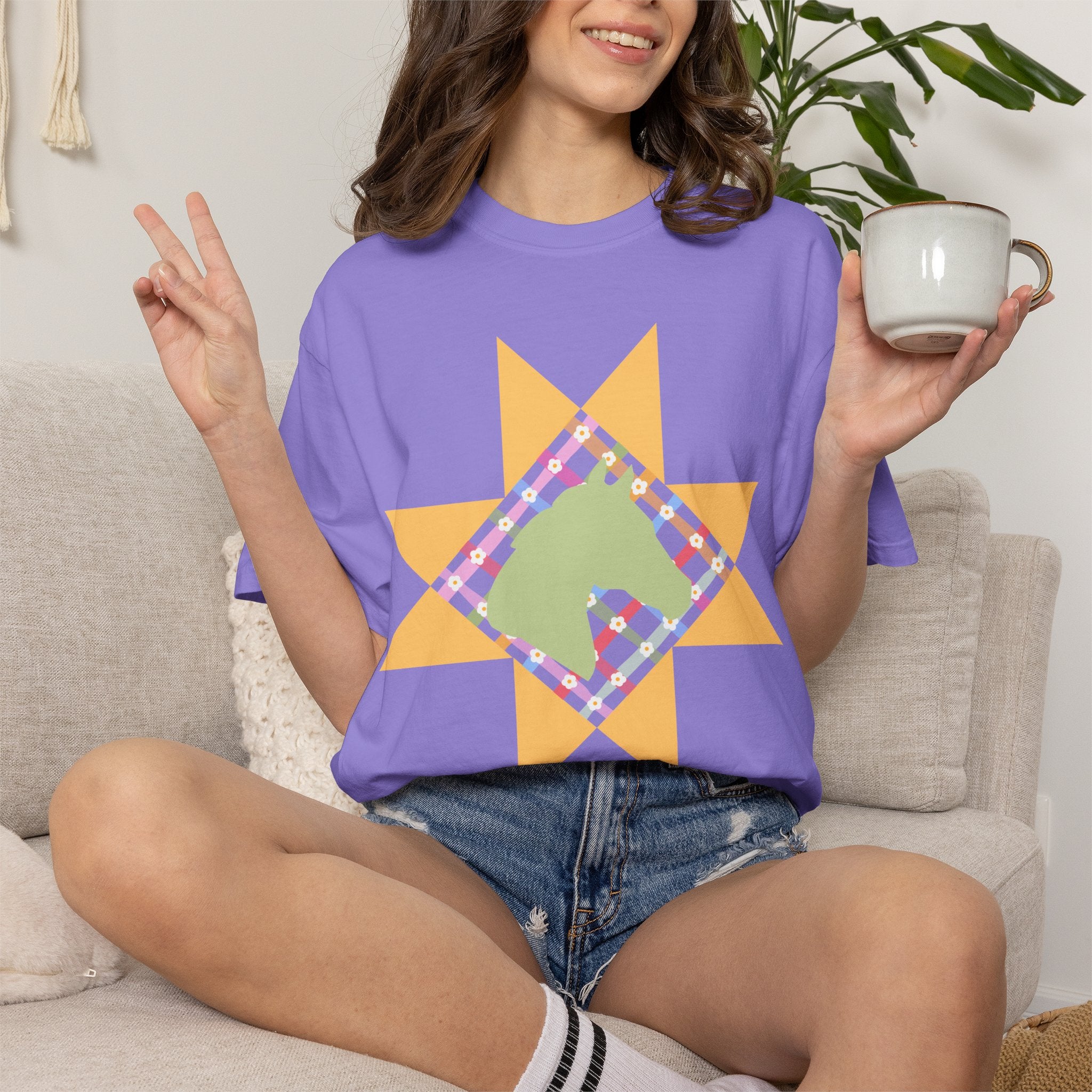 Starburst Quilt Horse Tee — Floral Patchwork Graphic T-Shirt