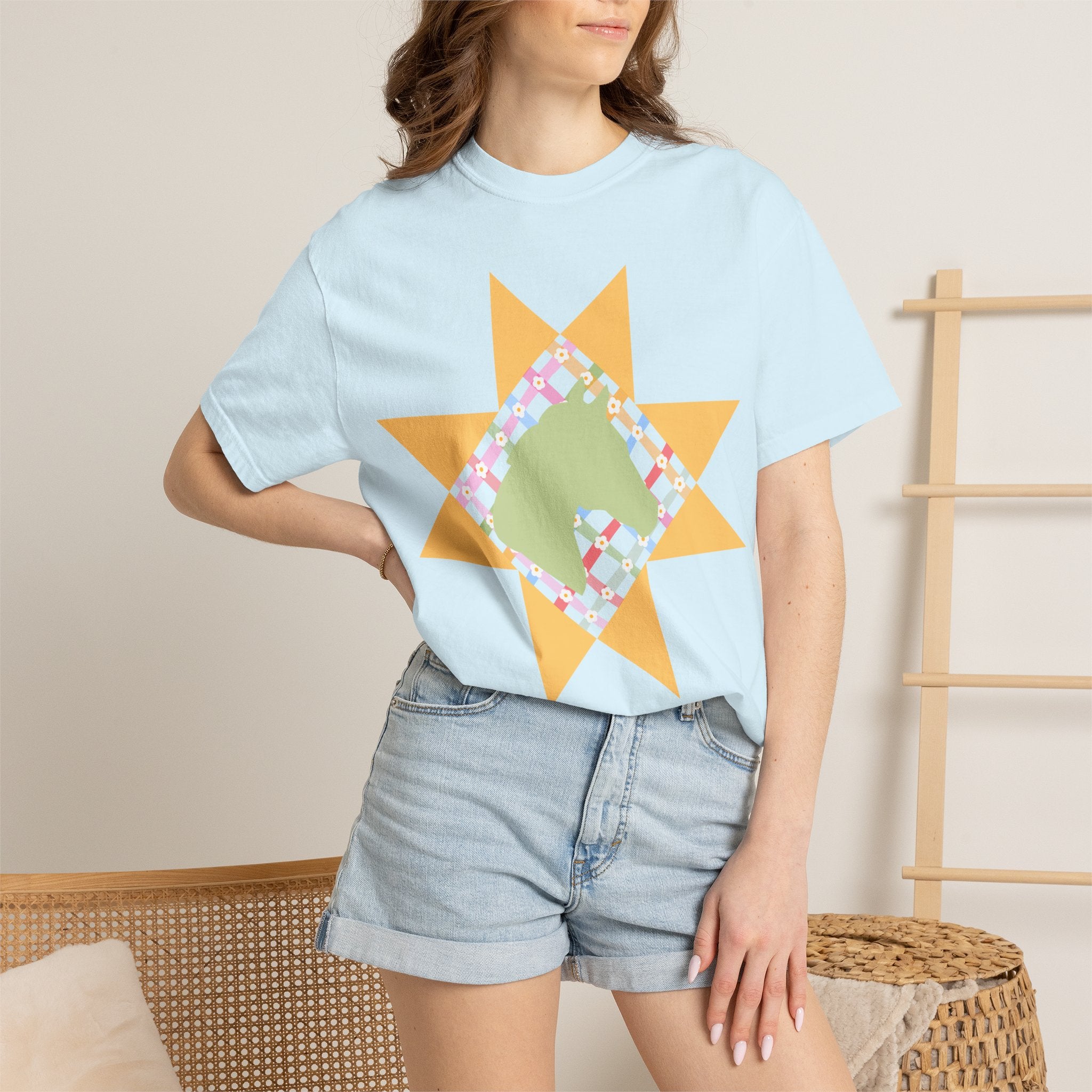 Starburst Quilt Horse Tee — Floral Patchwork Graphic T-Shirt