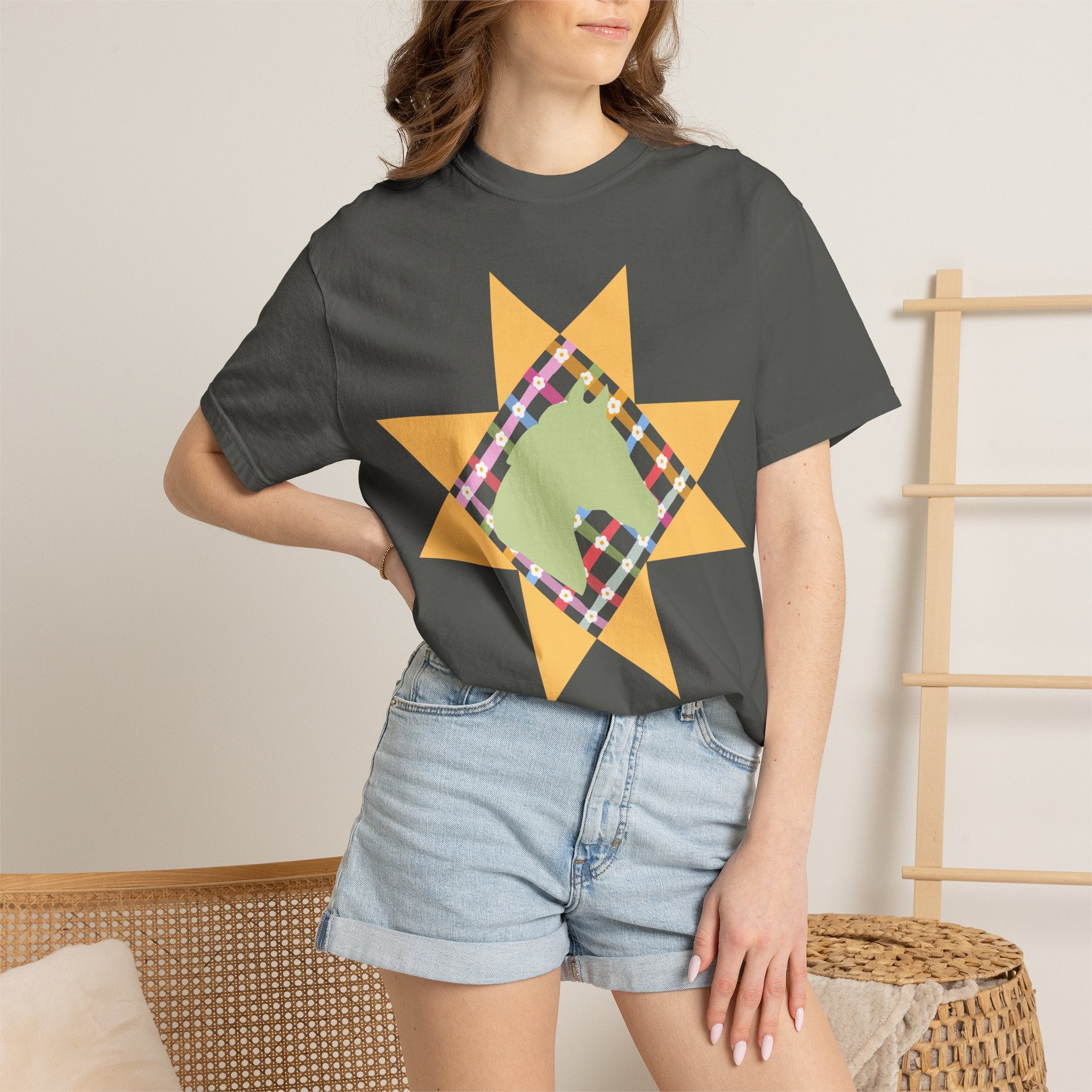 Starburst Quilt Horse Tee — Floral Patchwork Graphic T-Shirt