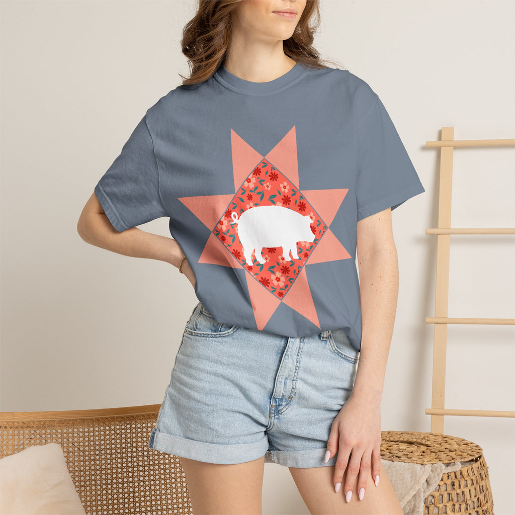 Pig Silhouette Star Quilting T-Shirt — Floral Farm Animal Tee