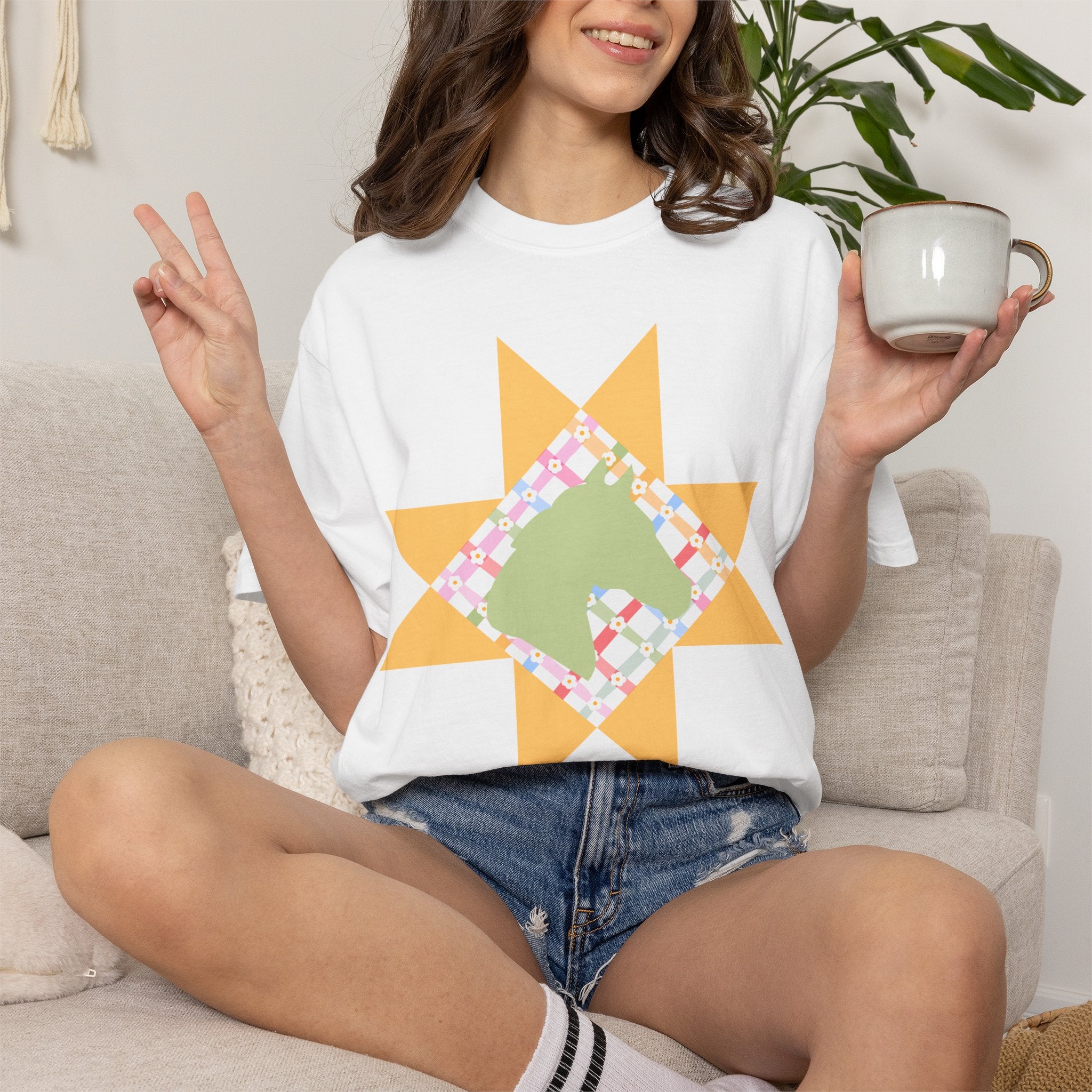 Starburst Quilt Horse Tee — Floral Patchwork Graphic T-Shirt