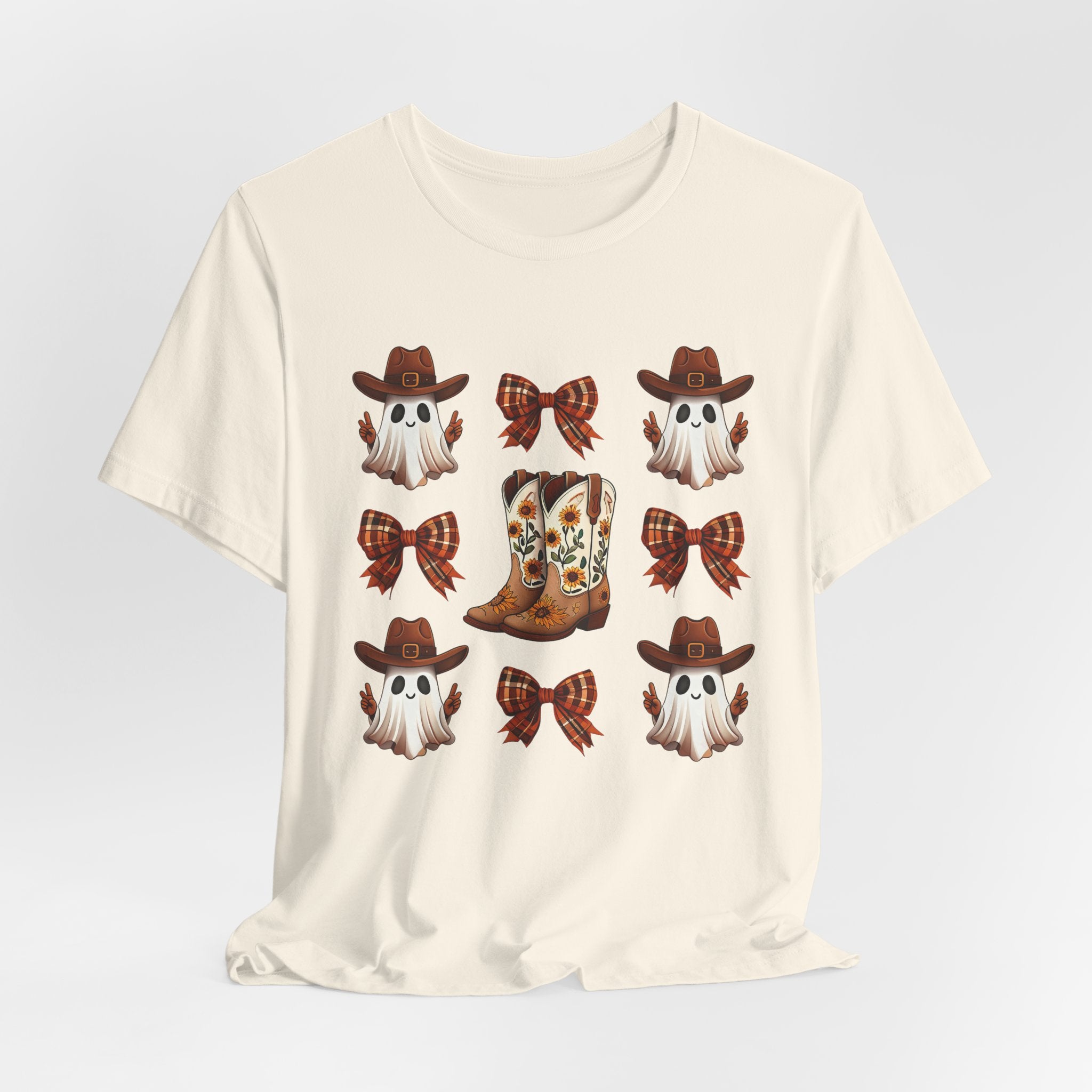 Cowgirl Fall Halloween Tee — Ghosts, Cowboy Boots & Plaid Bows Graphic T-Shirt