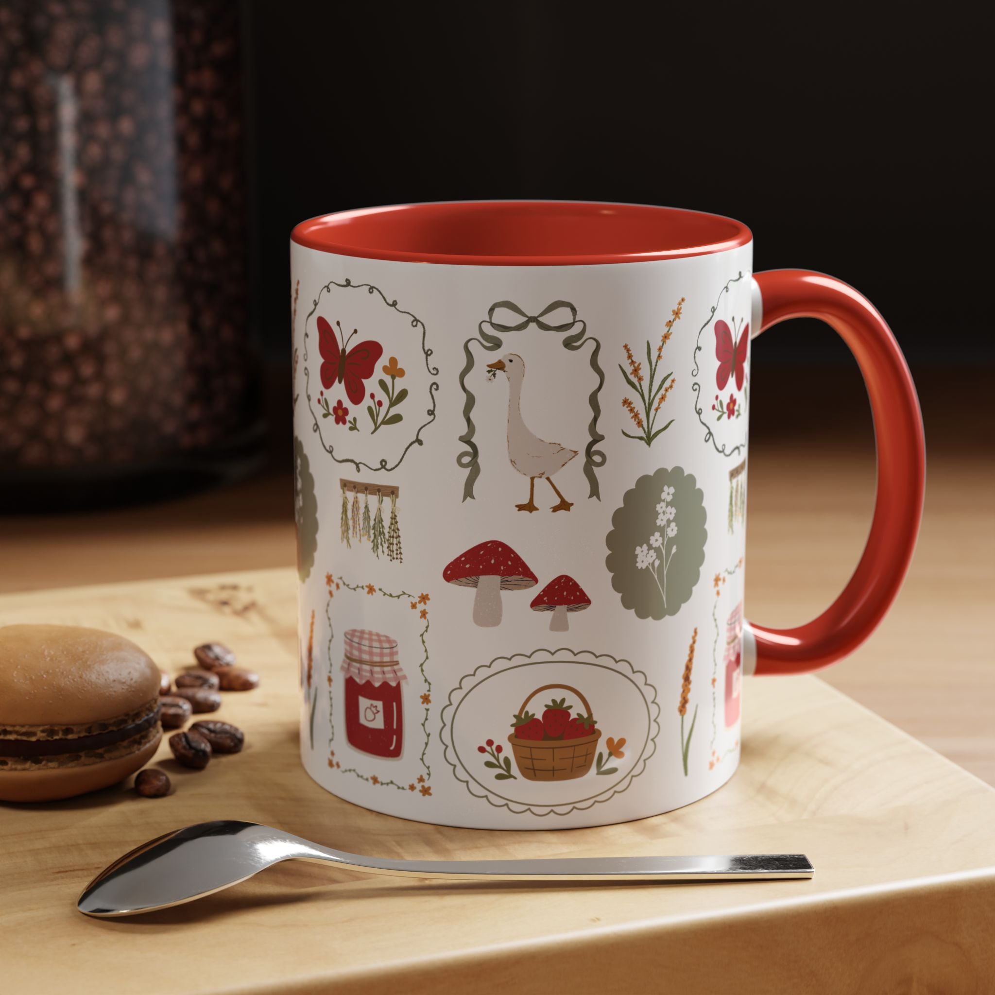 Floral Cottage Accent Coffee Mug — Pink Interior with Garden Icons (11/15 oz)