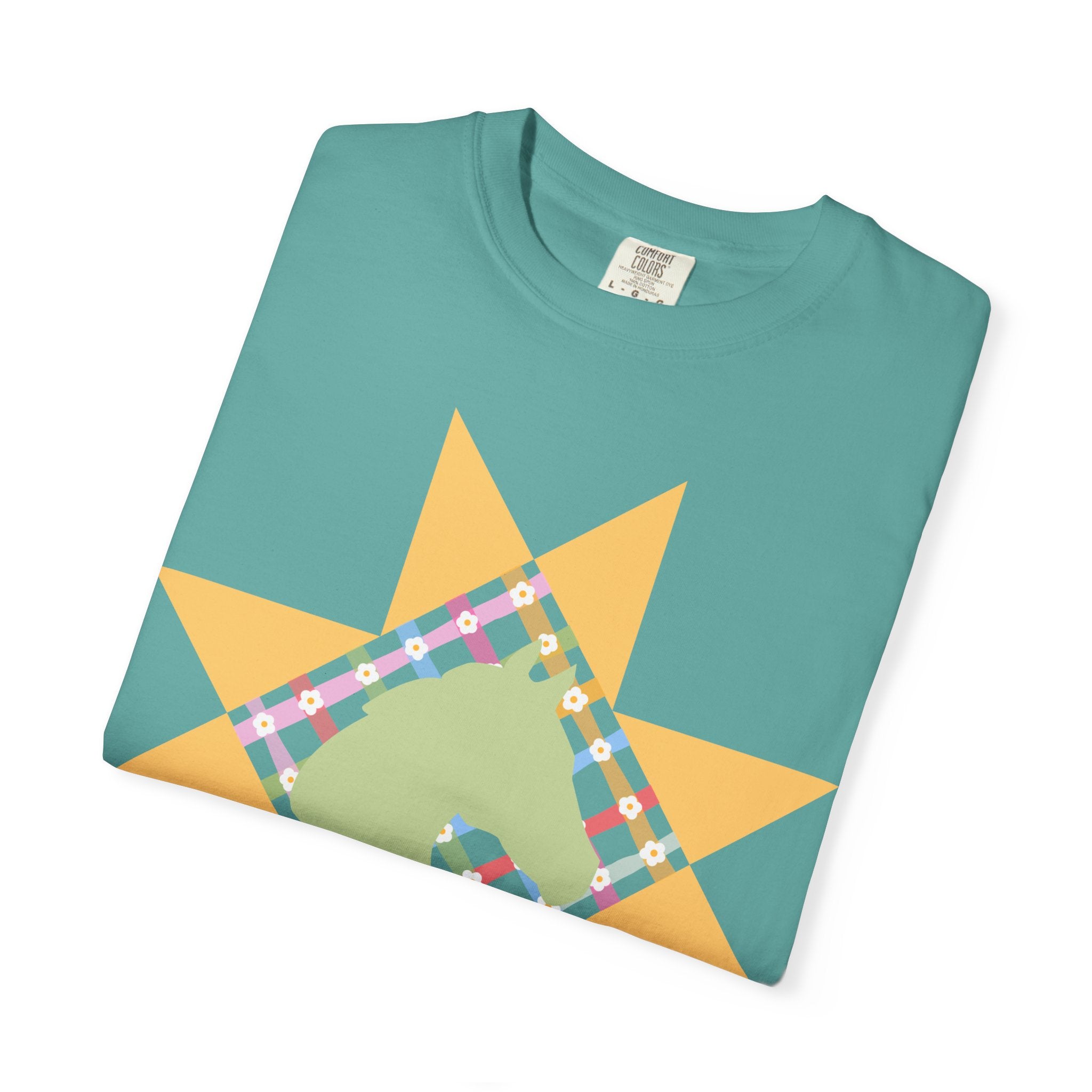 Starburst Quilt Horse Tee — Floral Patchwork Graphic T-Shirt