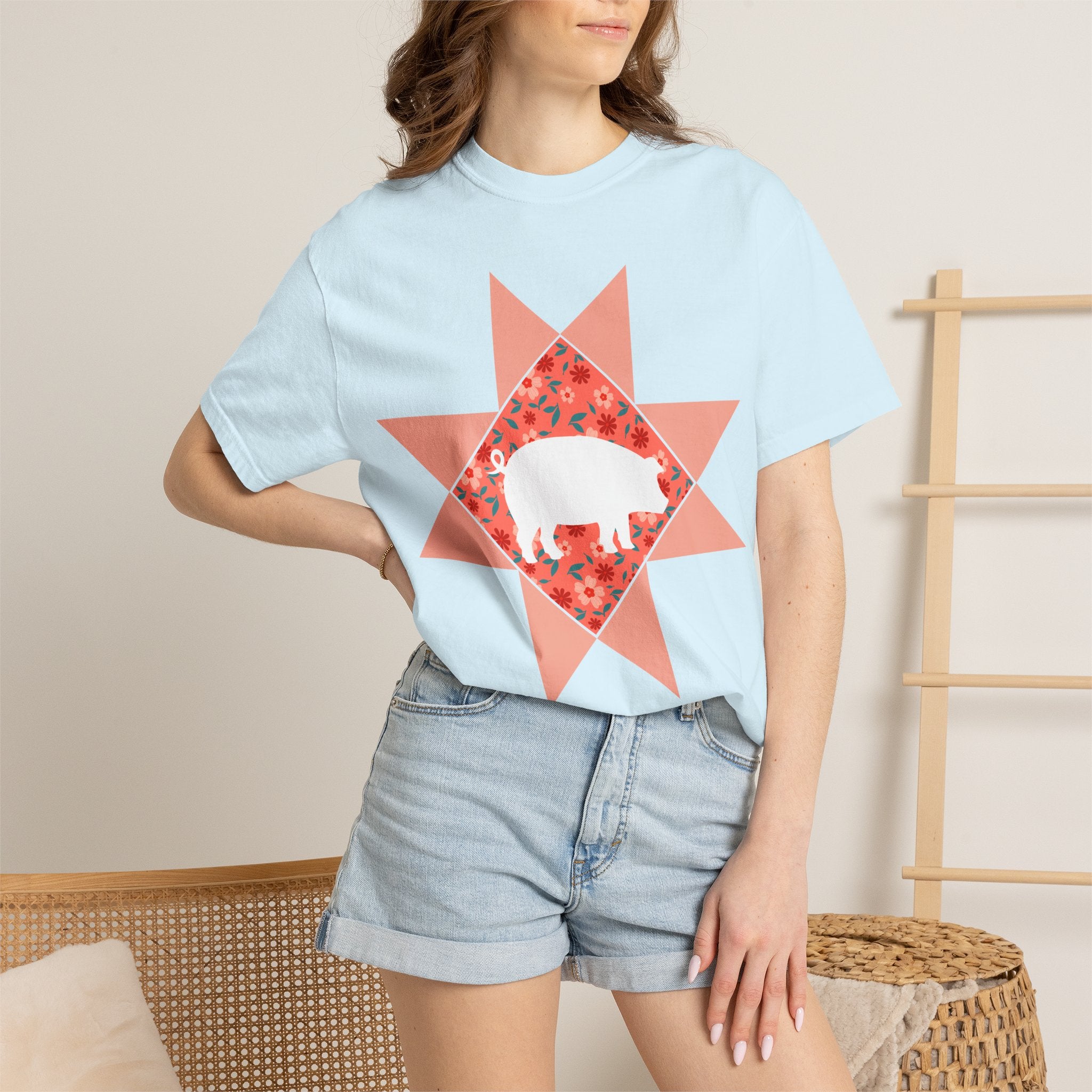 Pig Silhouette Star Quilting T-Shirt — Floral Farm Animal Tee