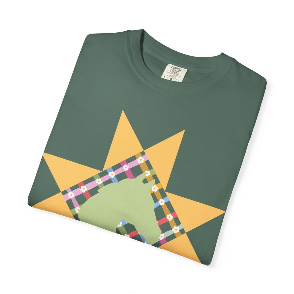 Starburst Quilt Horse Tee — Floral Patchwork Graphic T-Shirt