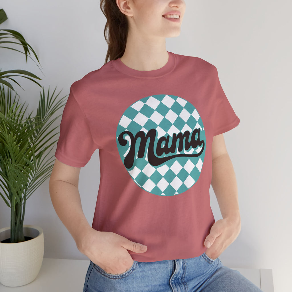 Mama Retro Checkerboard Tee — Vintage Script Mom T-Shirt